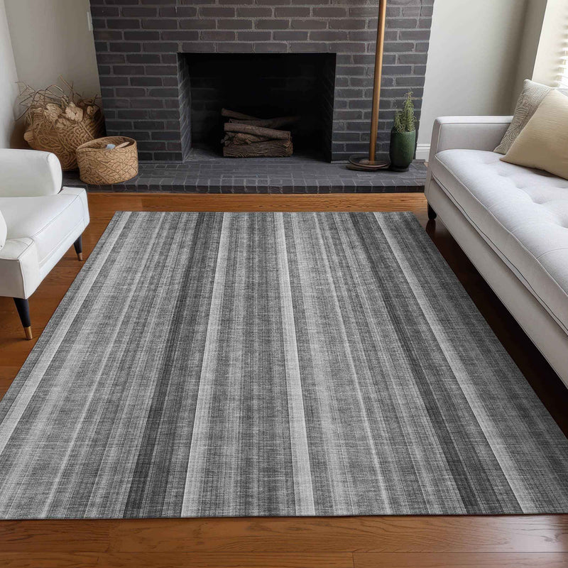9' X 12' Gray Striped Washable Non Skid Indoor Outdoor Area Rug