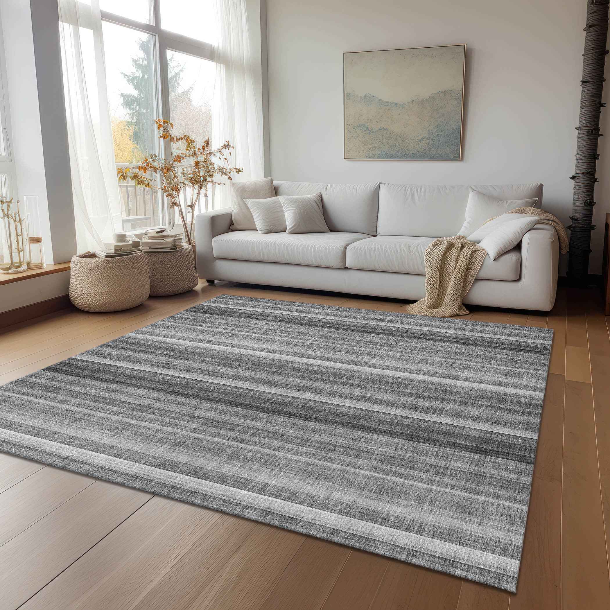 9' X 12' Gray Striped Washable Non Skid Indoor Outdoor Area Rug