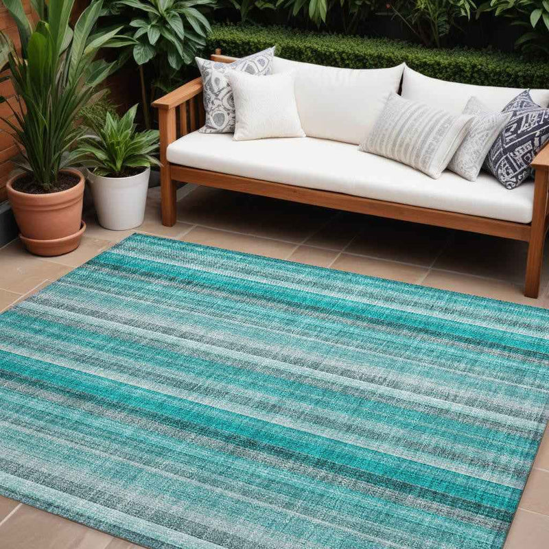 10' X 14' Teal and Gray Striped Washable Non Skid Indoor Outdoor Area Rug
