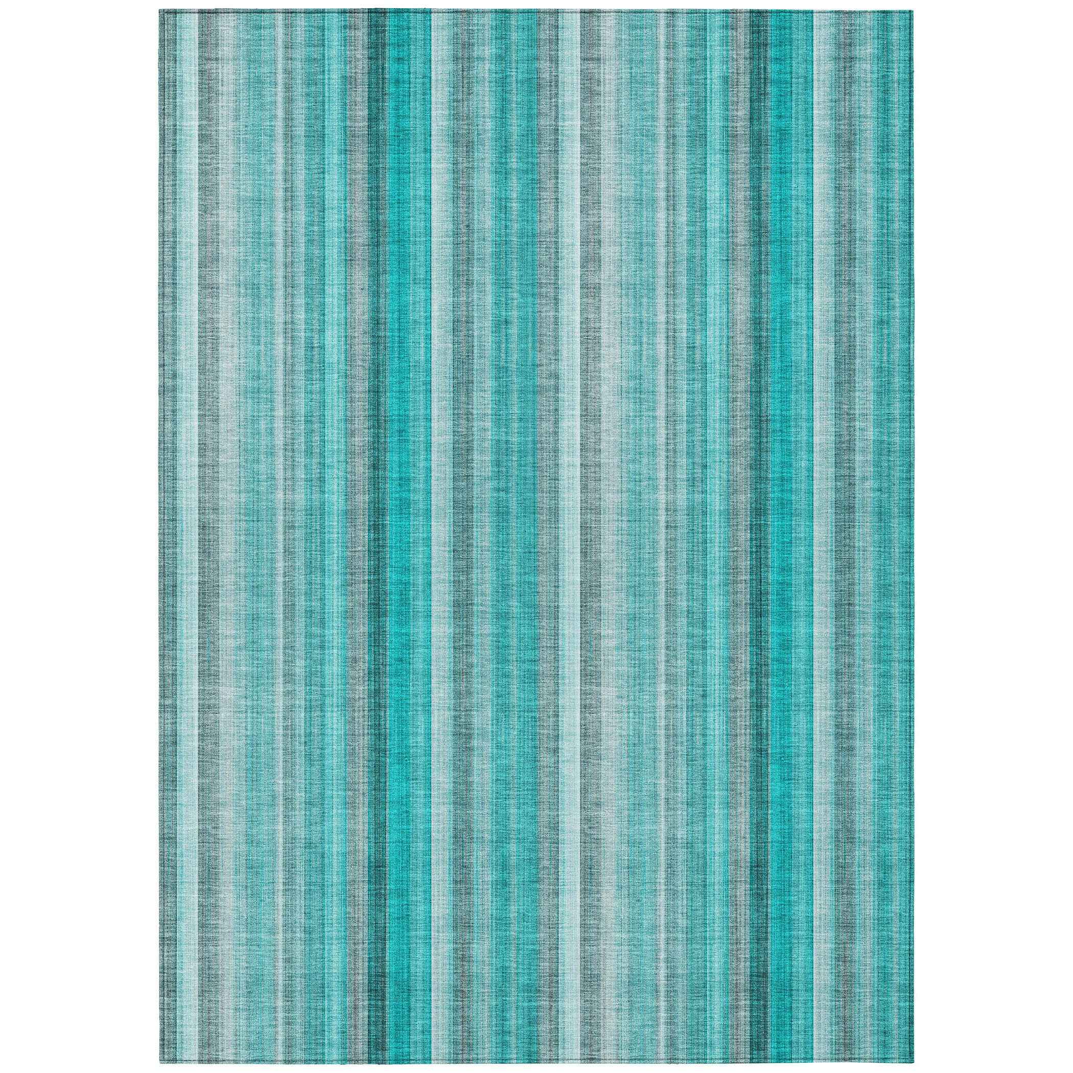 10' X 14' Teal and Gray Striped Washable Non Skid Indoor Outdoor Area Rug