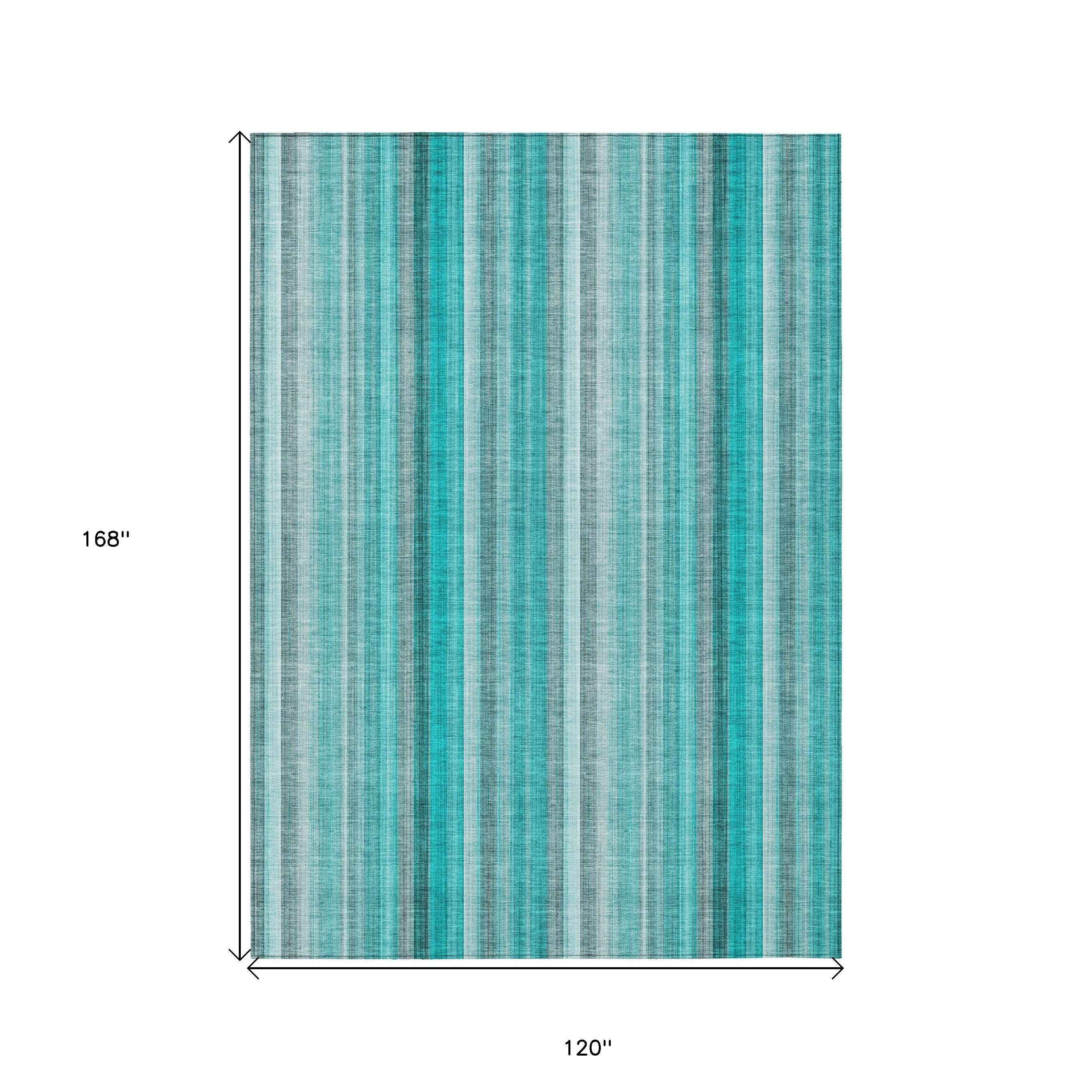 10' X 14' Teal and Gray Striped Washable Non Skid Indoor Outdoor Area Rug