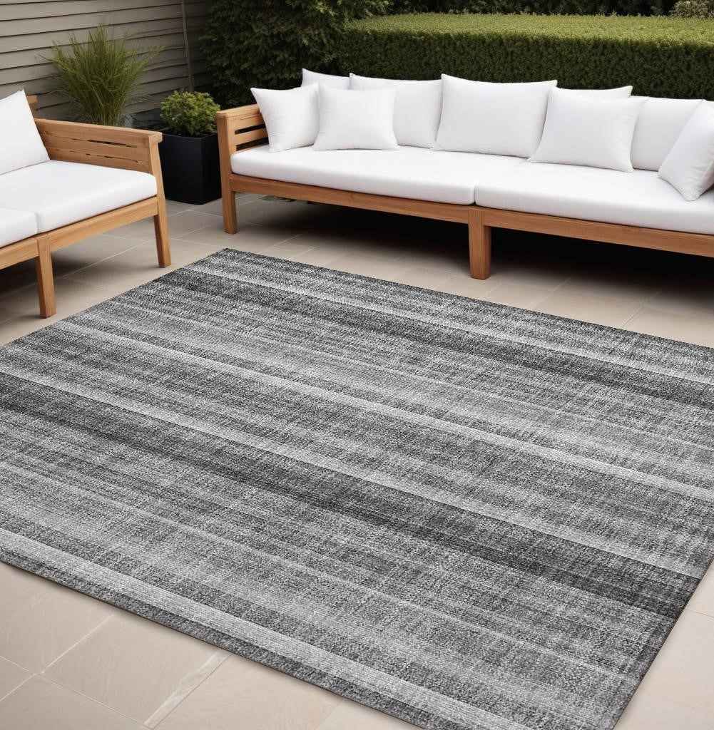 10' X 14' Gray Striped Washable Non Skid Indoor Outdoor Area Rug