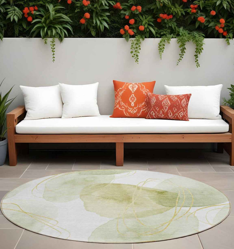 8' Green And Ivory Round Abstract Washable Indoor Outdoor Area Rug