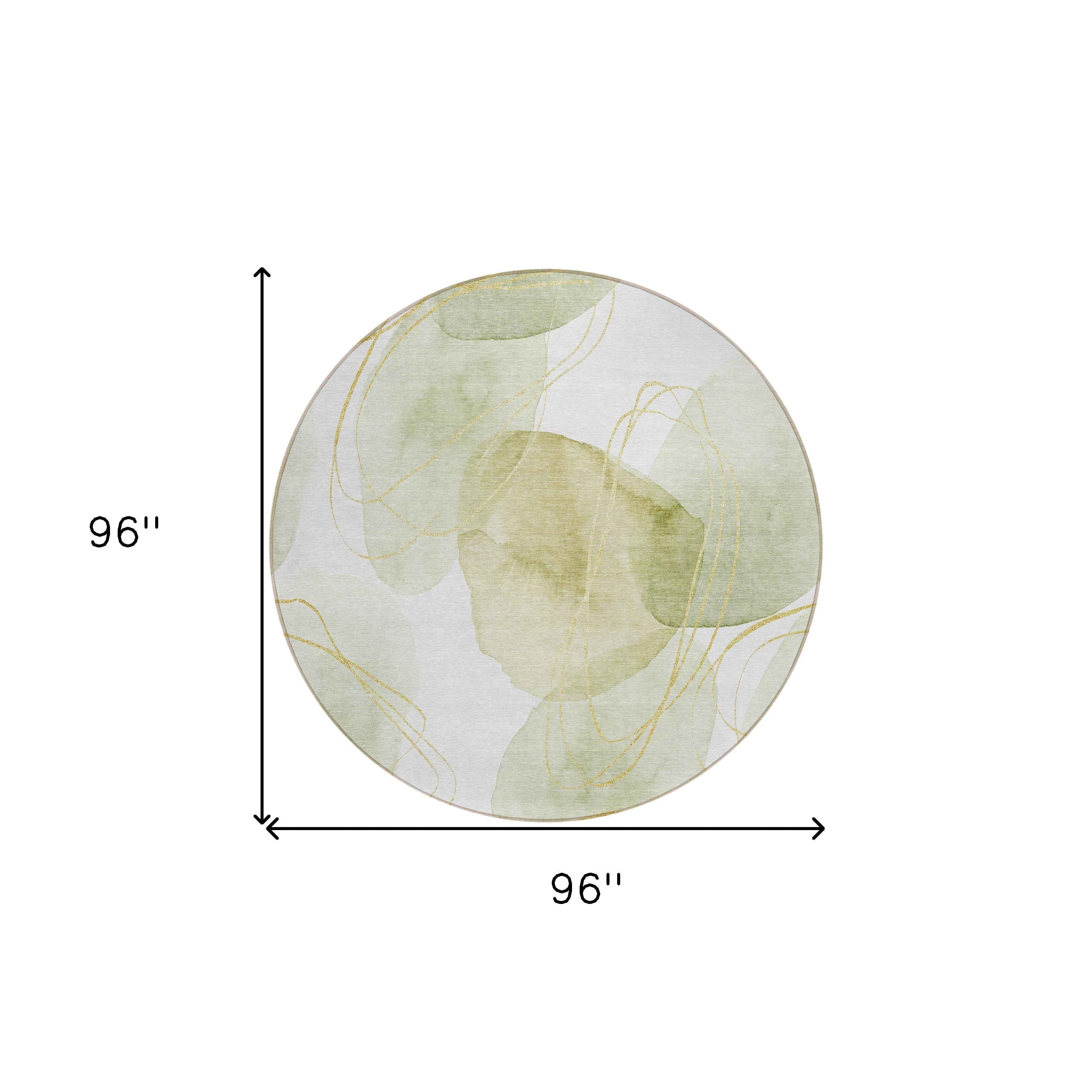 8' Green And Ivory Round Abstract Washable Indoor Outdoor Area Rug