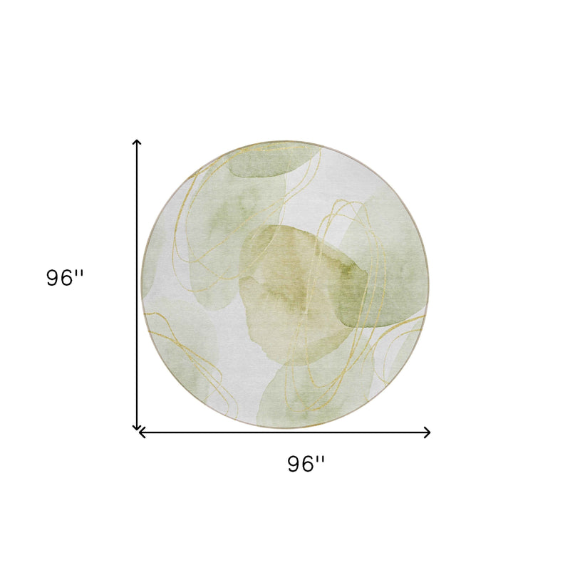 8' Green And Ivory Round Abstract Washable Indoor Outdoor Area Rug