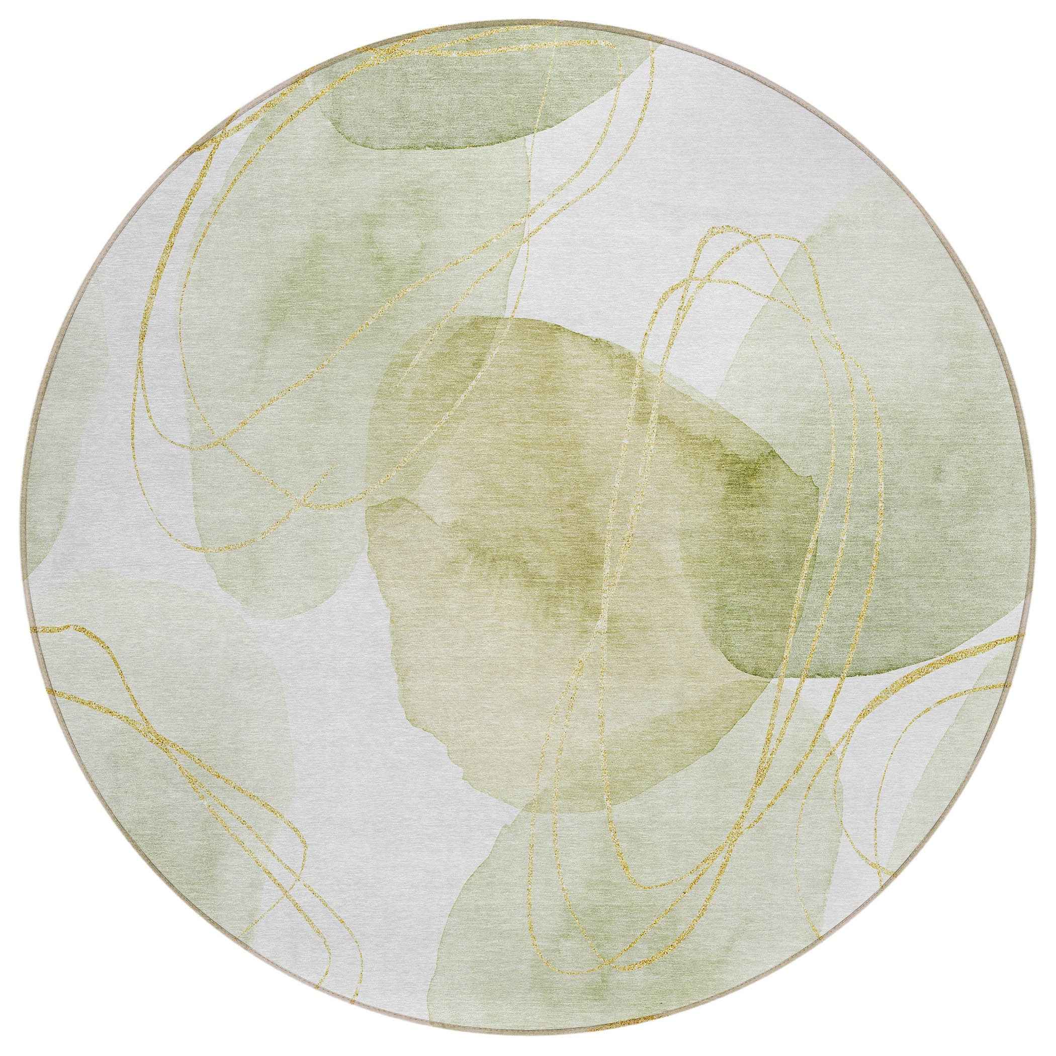 8' Green And Ivory Round Abstract Washable Indoor Outdoor Area Rug