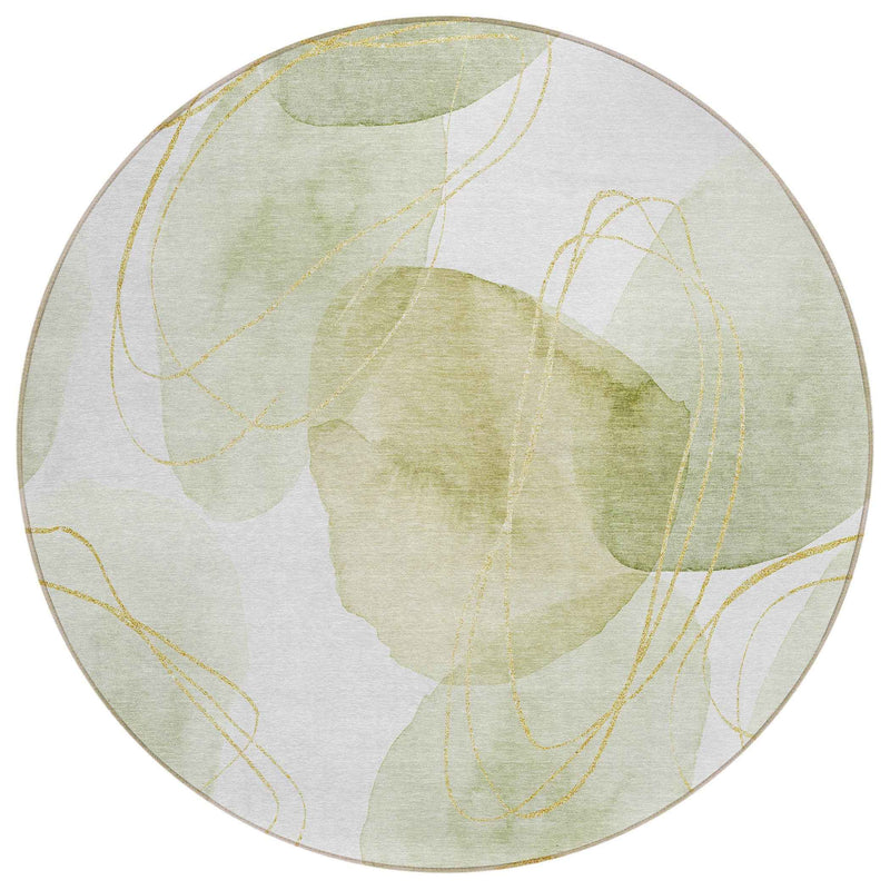 8' Green And Ivory Round Abstract Washable Indoor Outdoor Area Rug