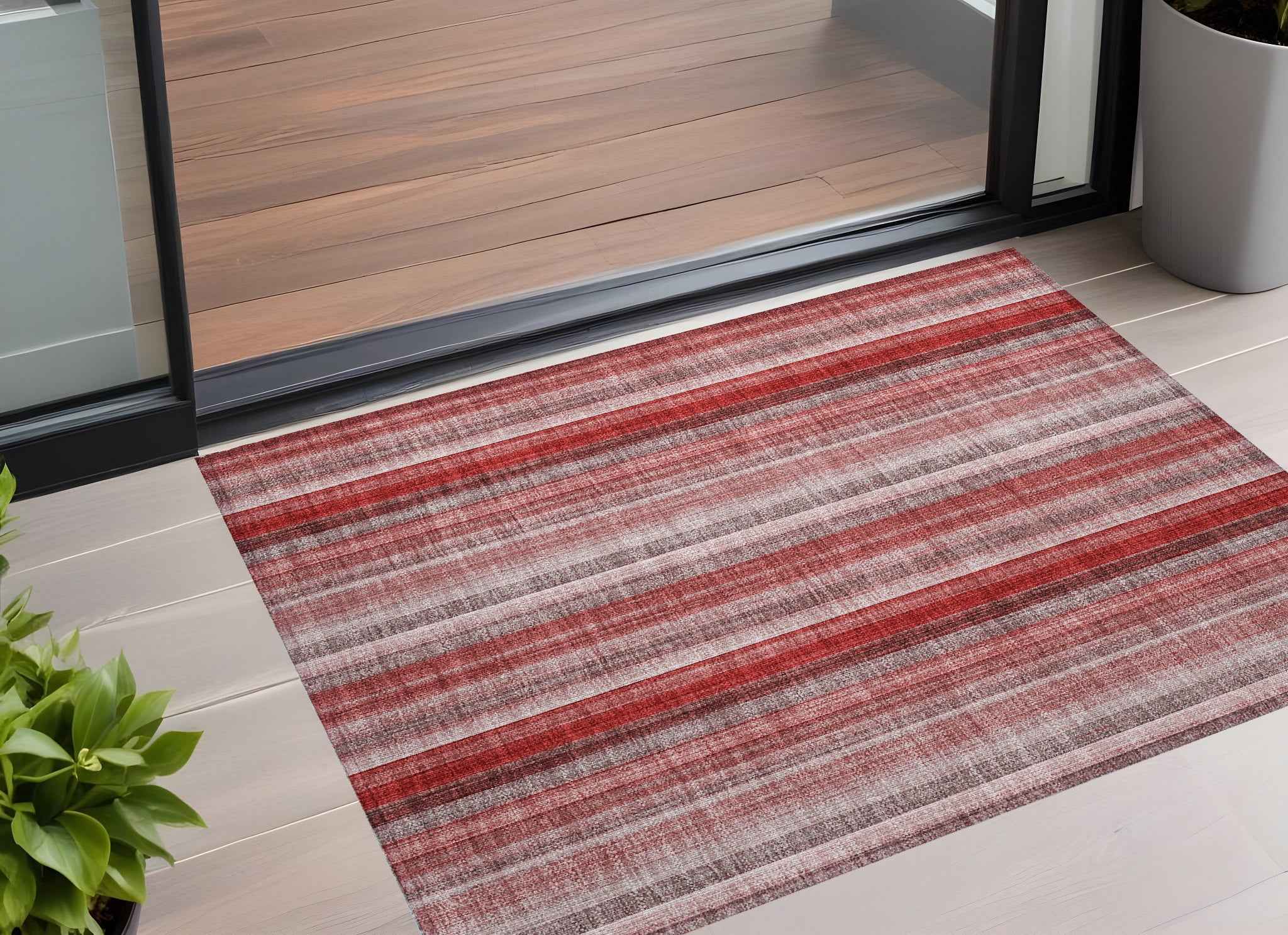 2' X 3' Gray Pink and Red Striped Washable Non Skid Indoor Outdoor Area Rug