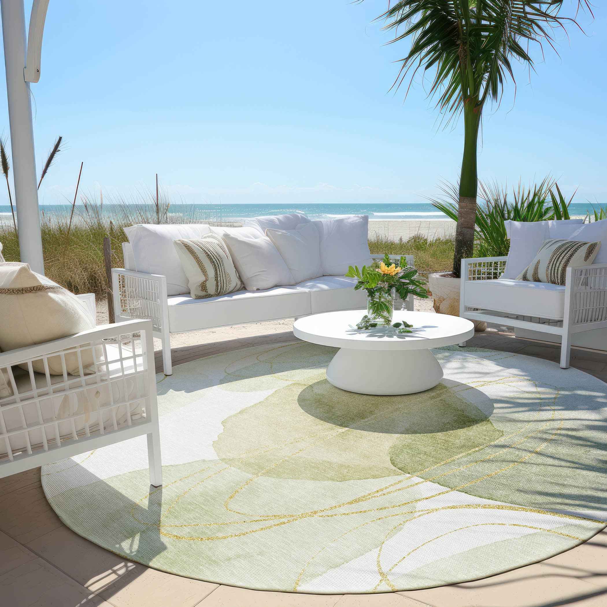 8' Green And Ivory Round Abstract Washable Indoor Outdoor Area Rug