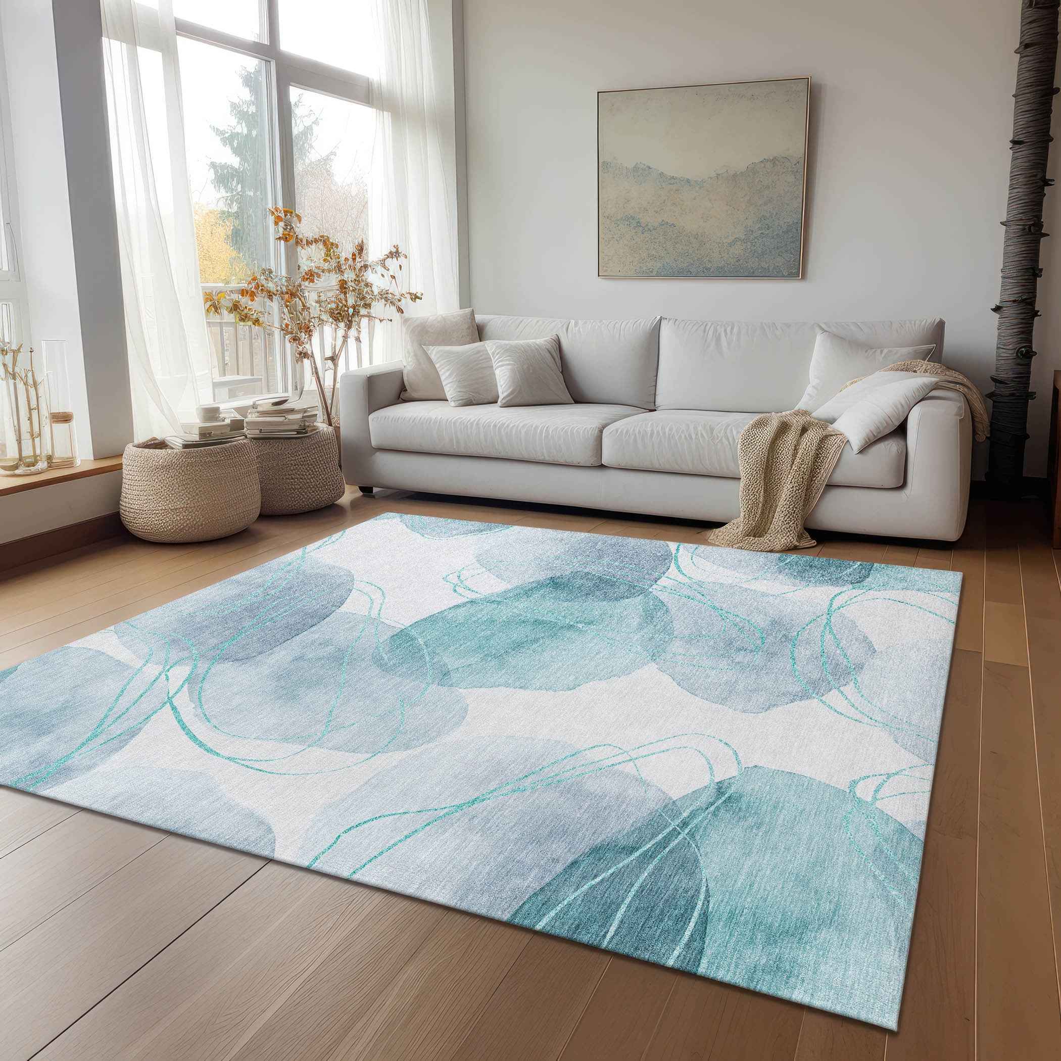 9' X 12' Teal and Ivory Abstract Washable Non Skid Indoor Outdoor Area Rug
