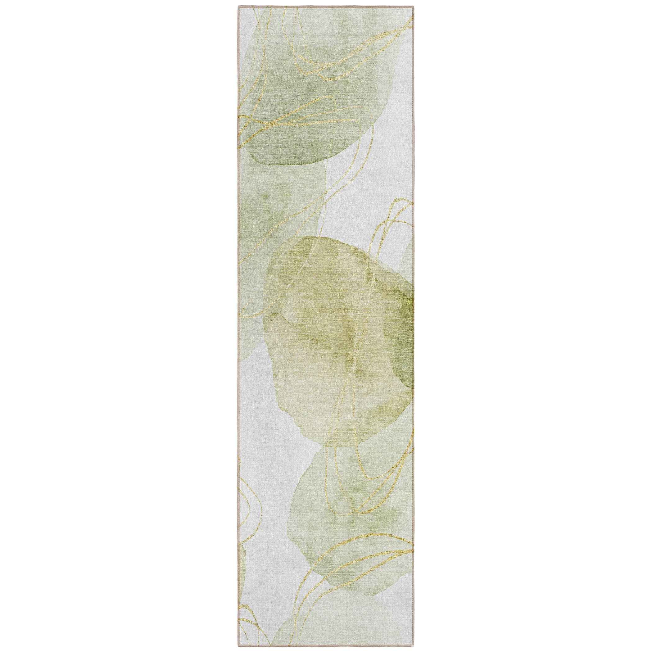 2' X 8' Green and Ivory Abstract Washable Non Skid Indoor Outdoor Runner Rug