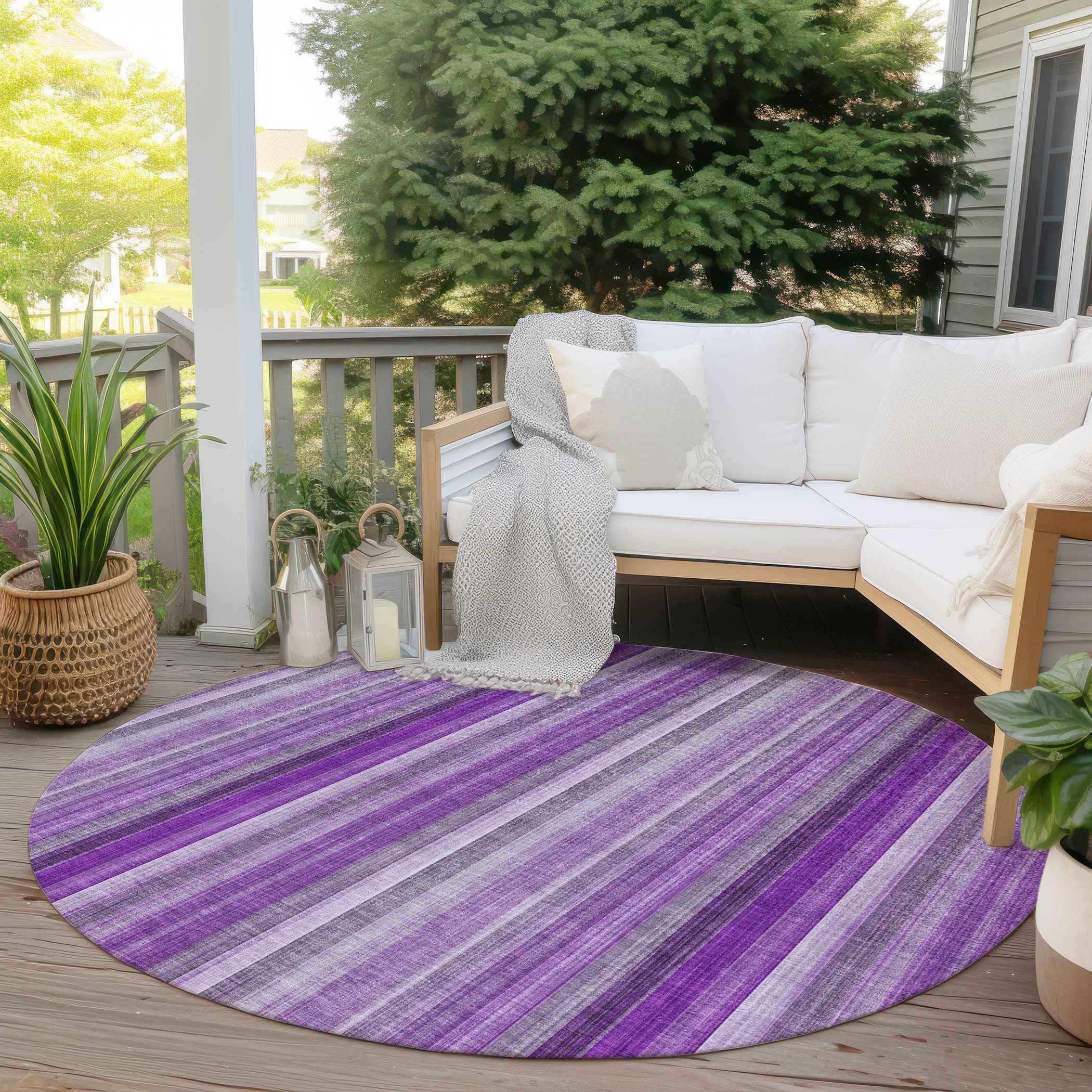 8' Purple Round Striped Washable Indoor Outdoor Area Rug