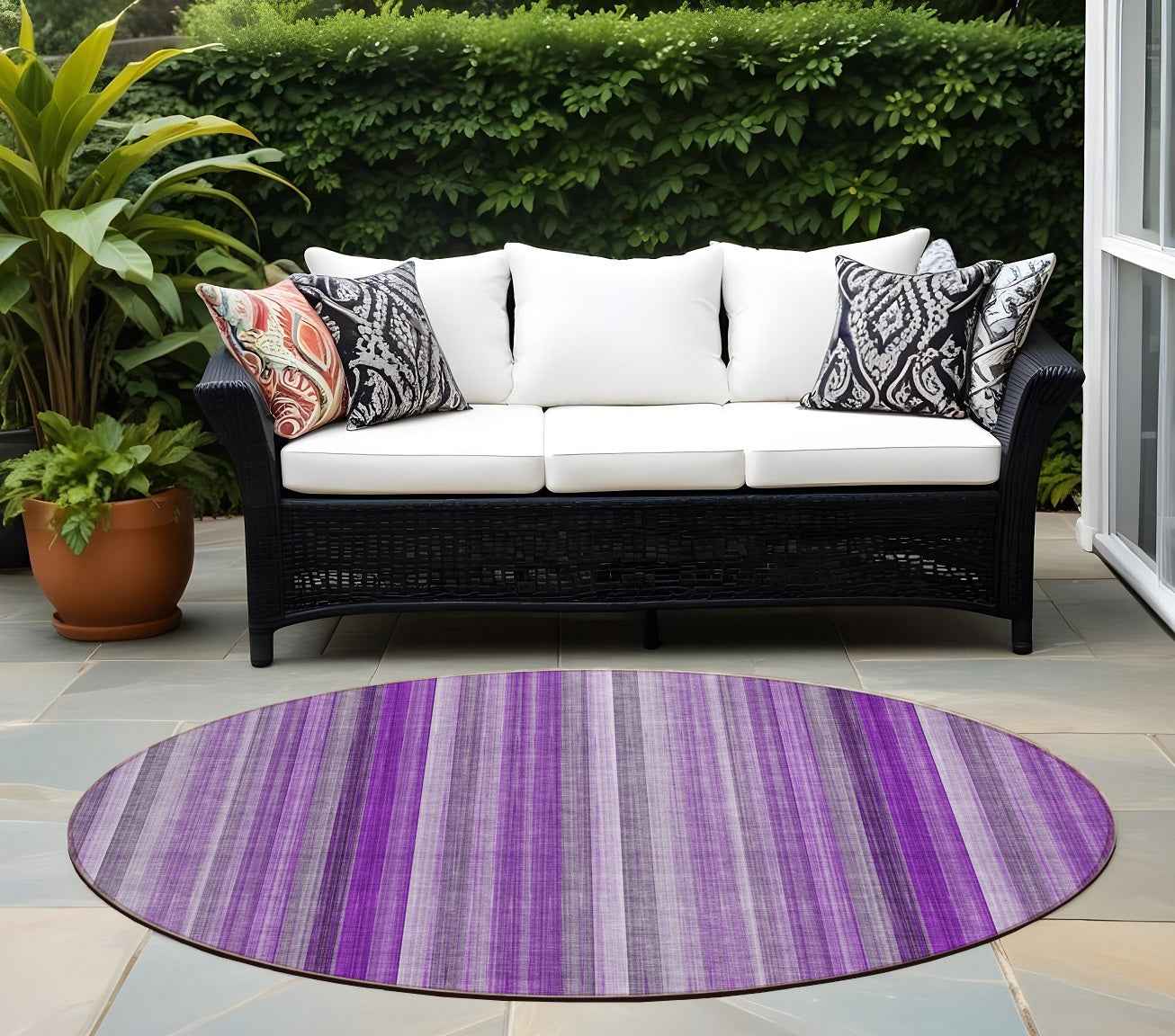 8' Purple Round Striped Washable Indoor Outdoor Area Rug