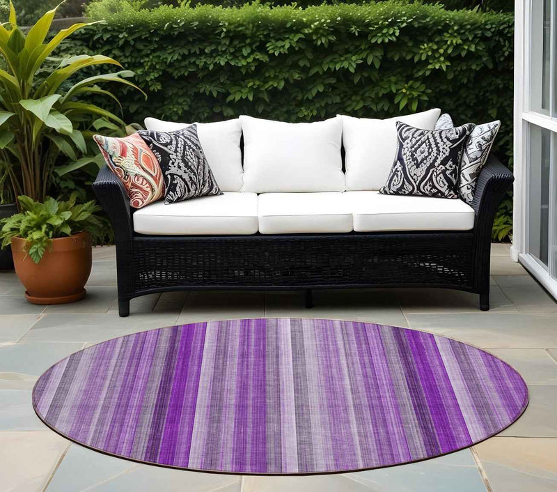 8' Purple Round Striped Washable Indoor Outdoor Area Rug