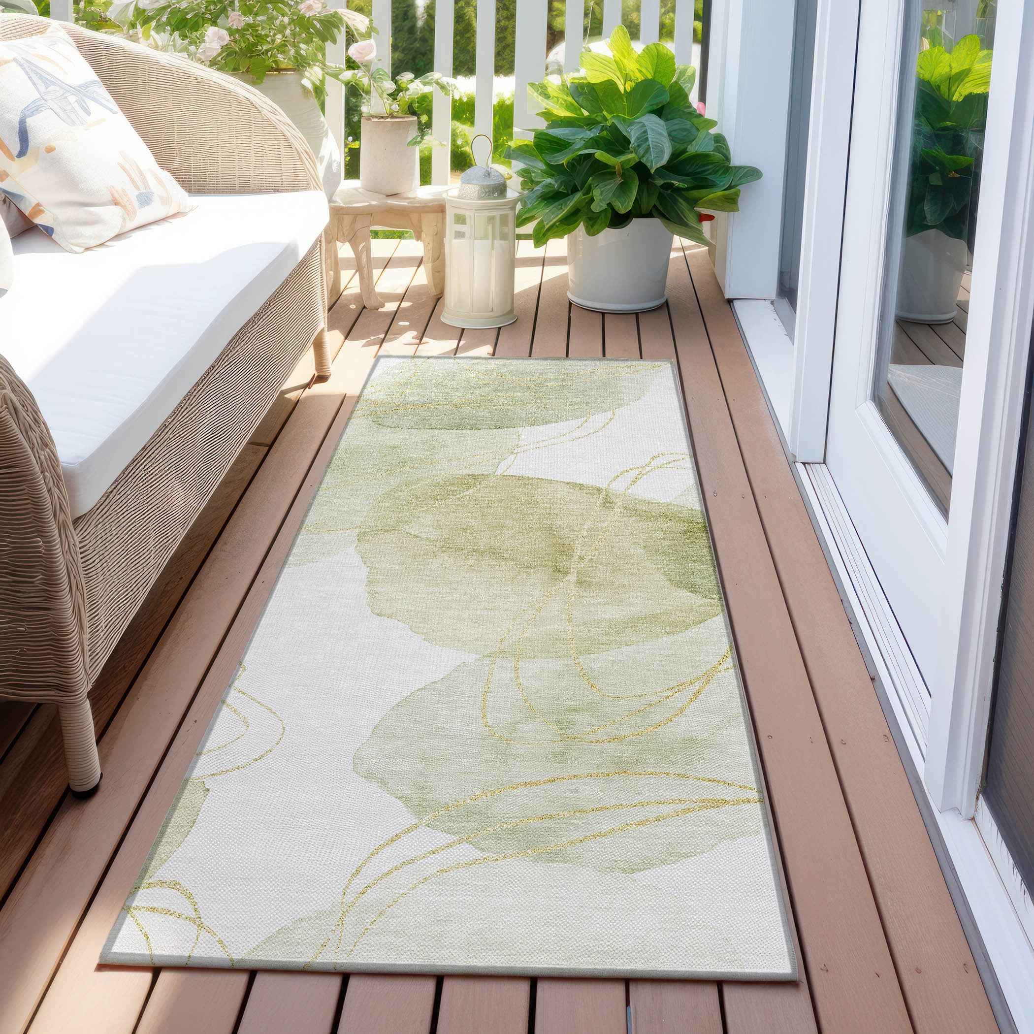 2' X 8' Green and Ivory Abstract Washable Non Skid Indoor Outdoor Runner Rug