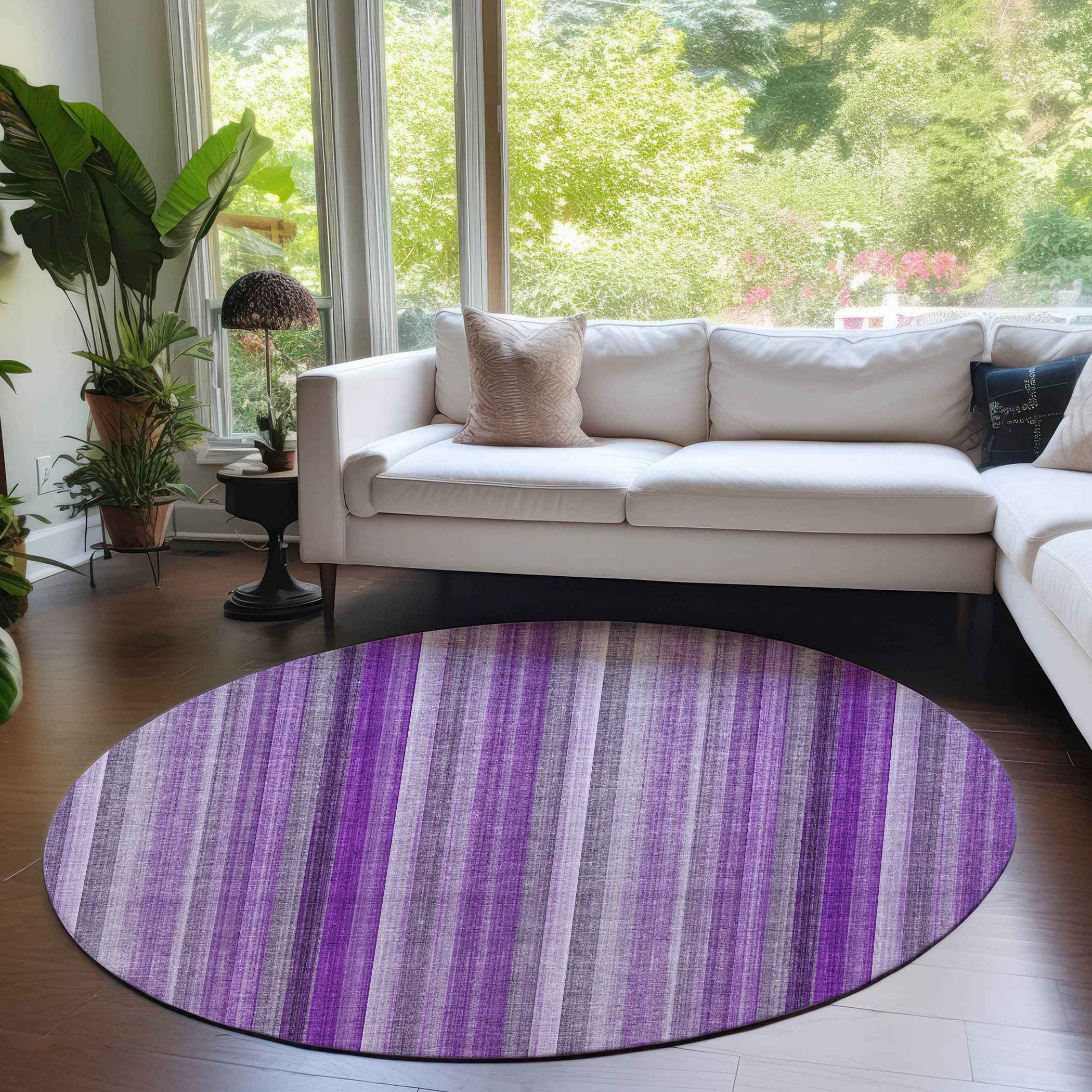 8' Purple Round Striped Washable Indoor Outdoor Area Rug