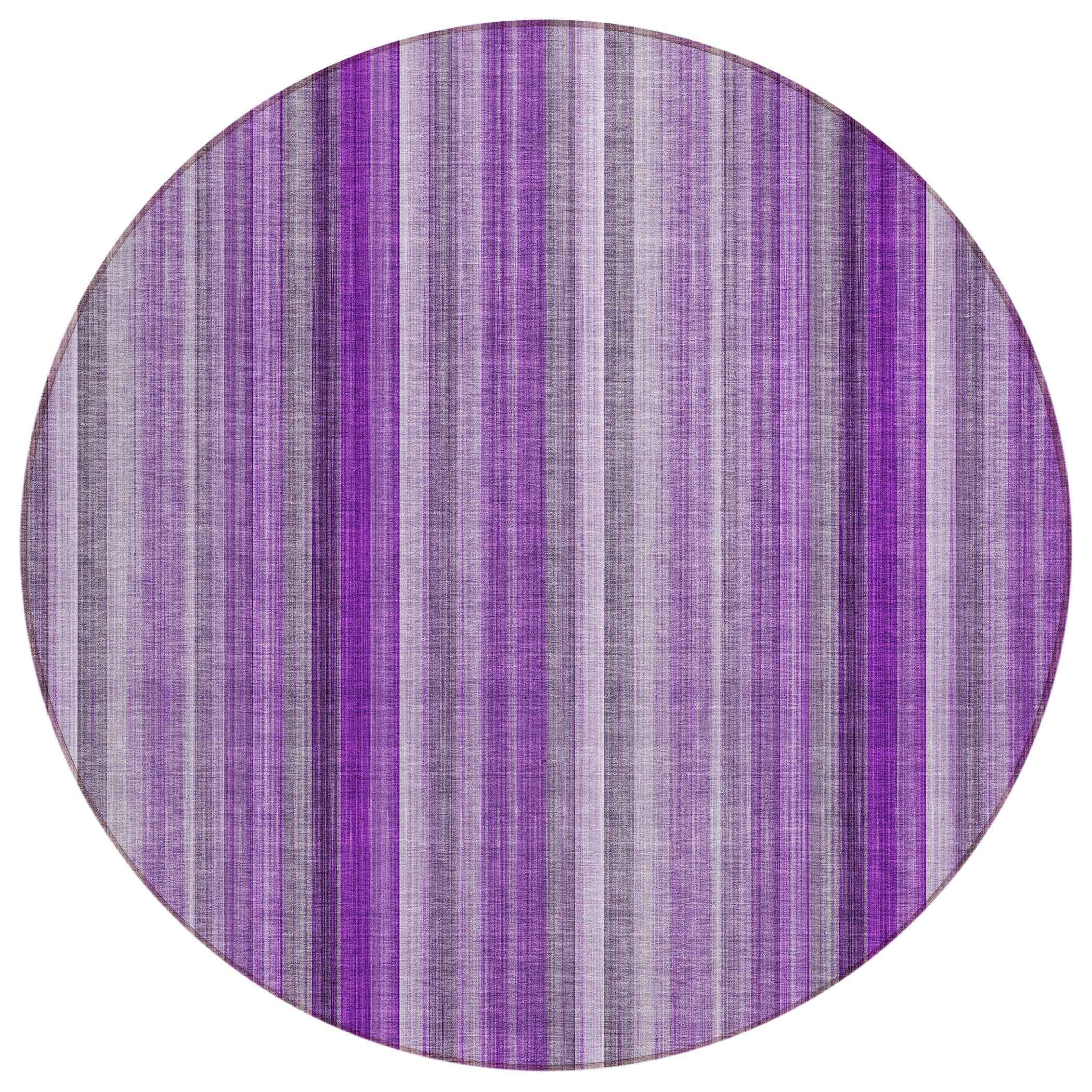 8' Purple Round Striped Washable Indoor Outdoor Area Rug