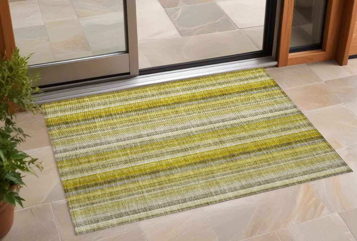 2' X 3' Gold Striped Washable Non Skid Indoor Outdoor Area Rug