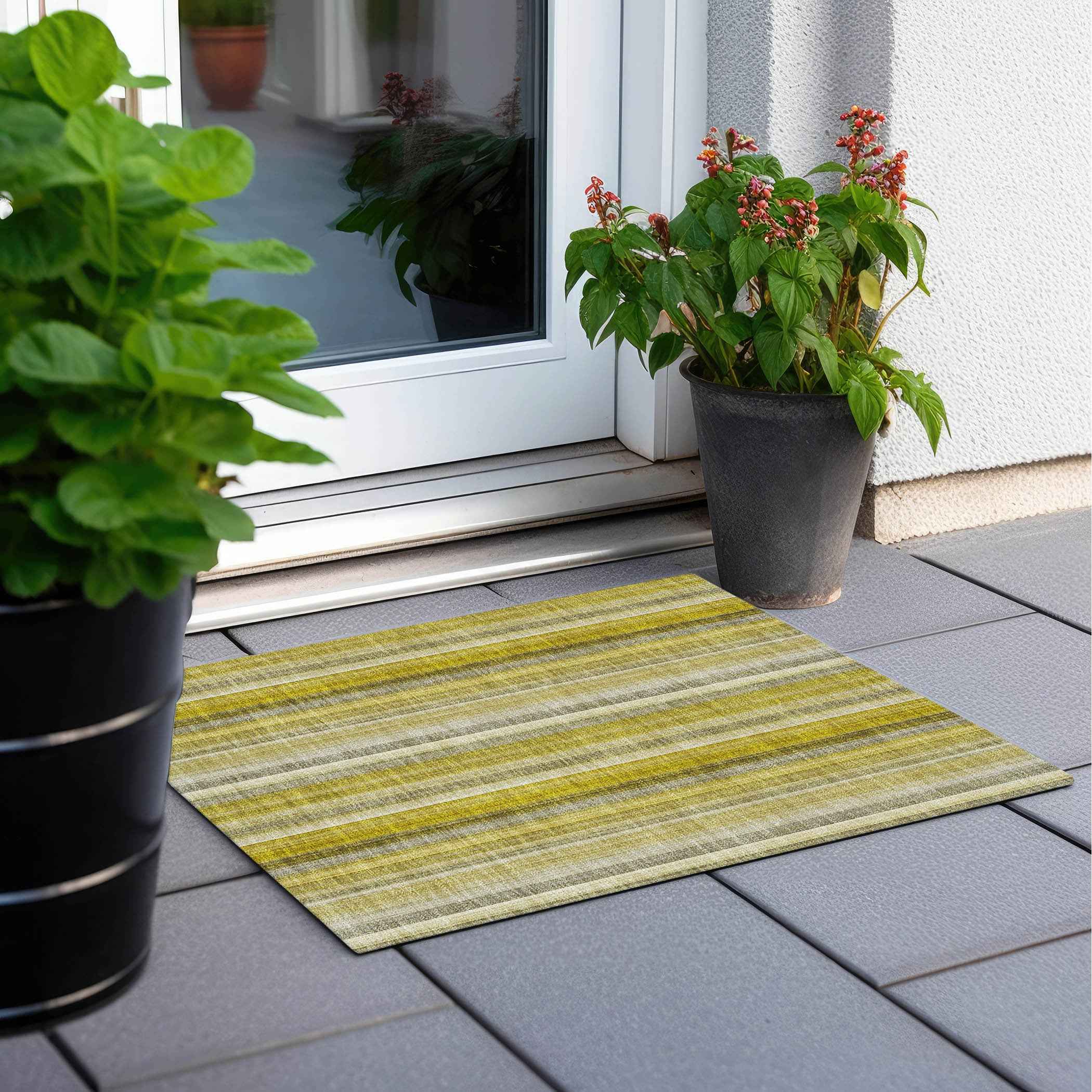 2' X 3' Gold Striped Washable Non Skid Indoor Outdoor Area Rug