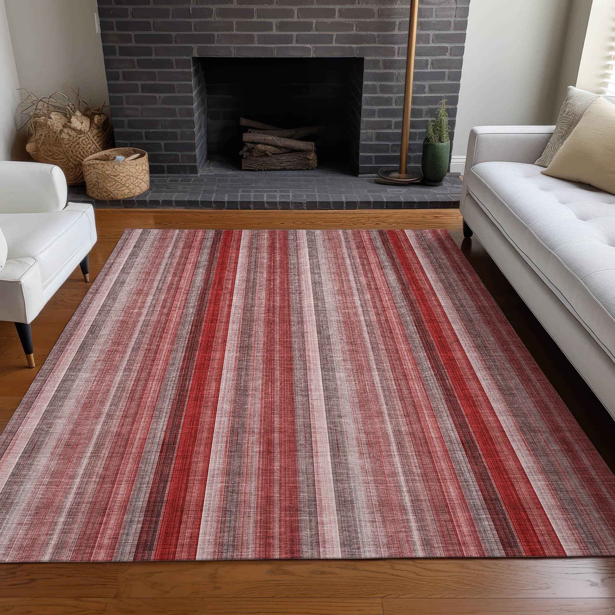 9' X 12' Gray Pink and Red Striped Washable Non Skid Indoor Outdoor Area Rug