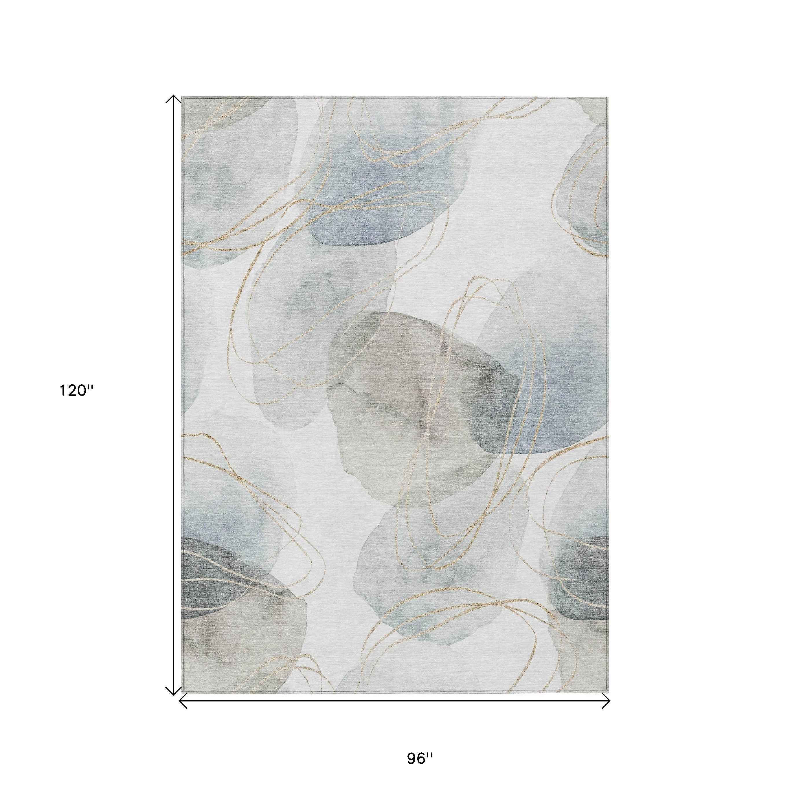 8' X 10' Ivory Blue And Gray Abstract Washable Indoor Outdoor Area Rug