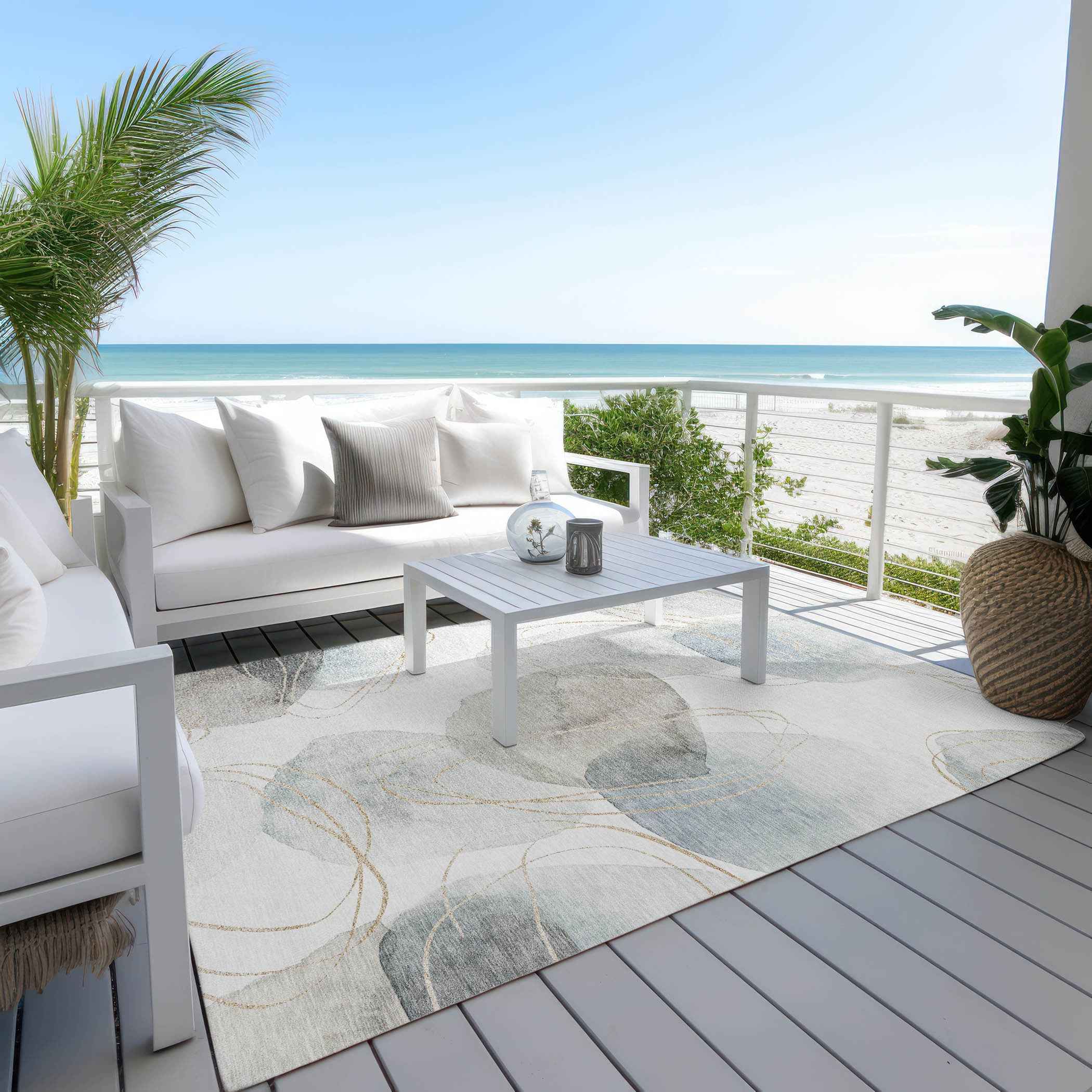 8' X 10' Ivory Blue And Gray Abstract Washable Indoor Outdoor Area Rug