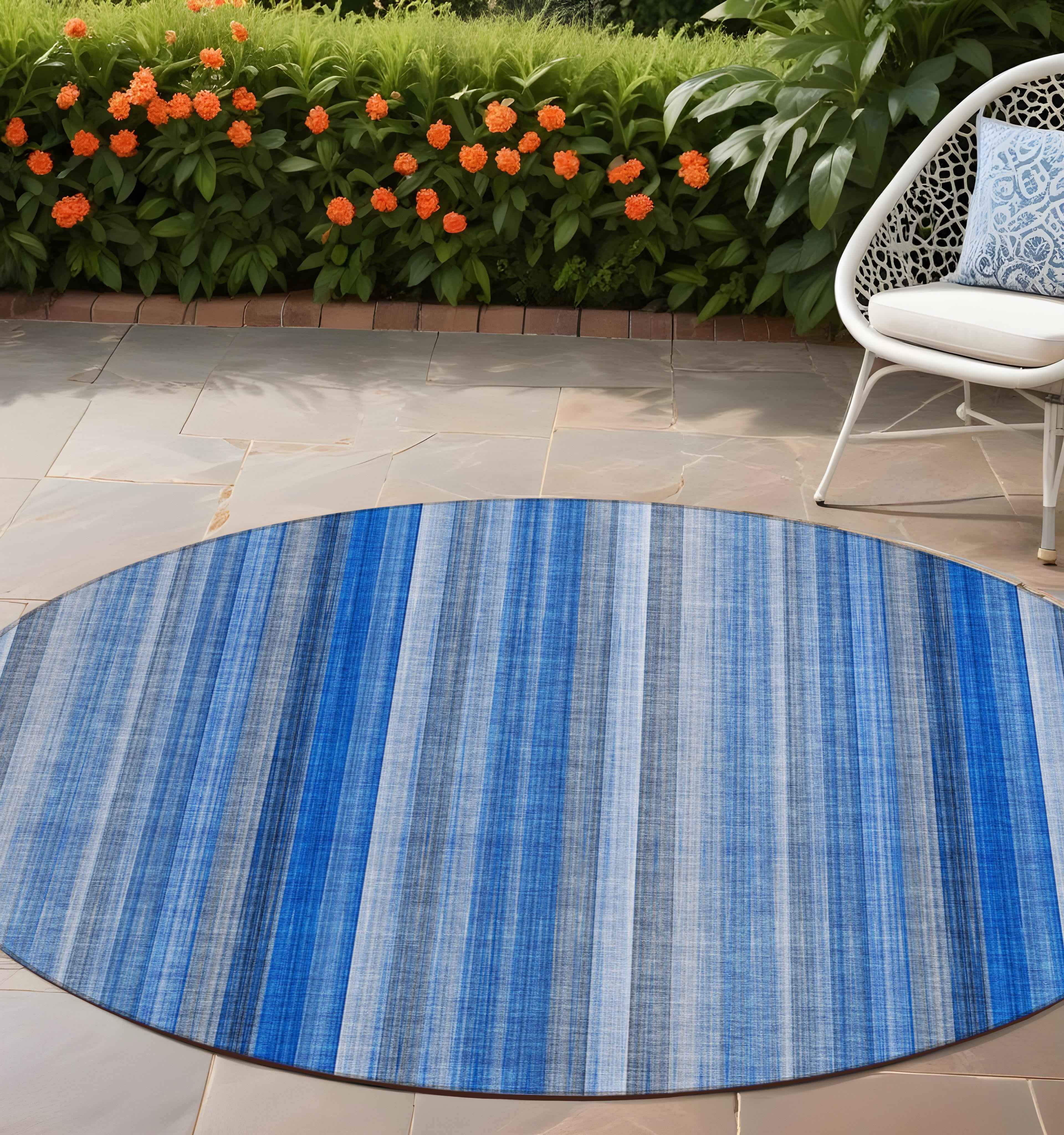 8' Round Blue Round Striped Washable Non Skid Indoor Outdoor Area Rug