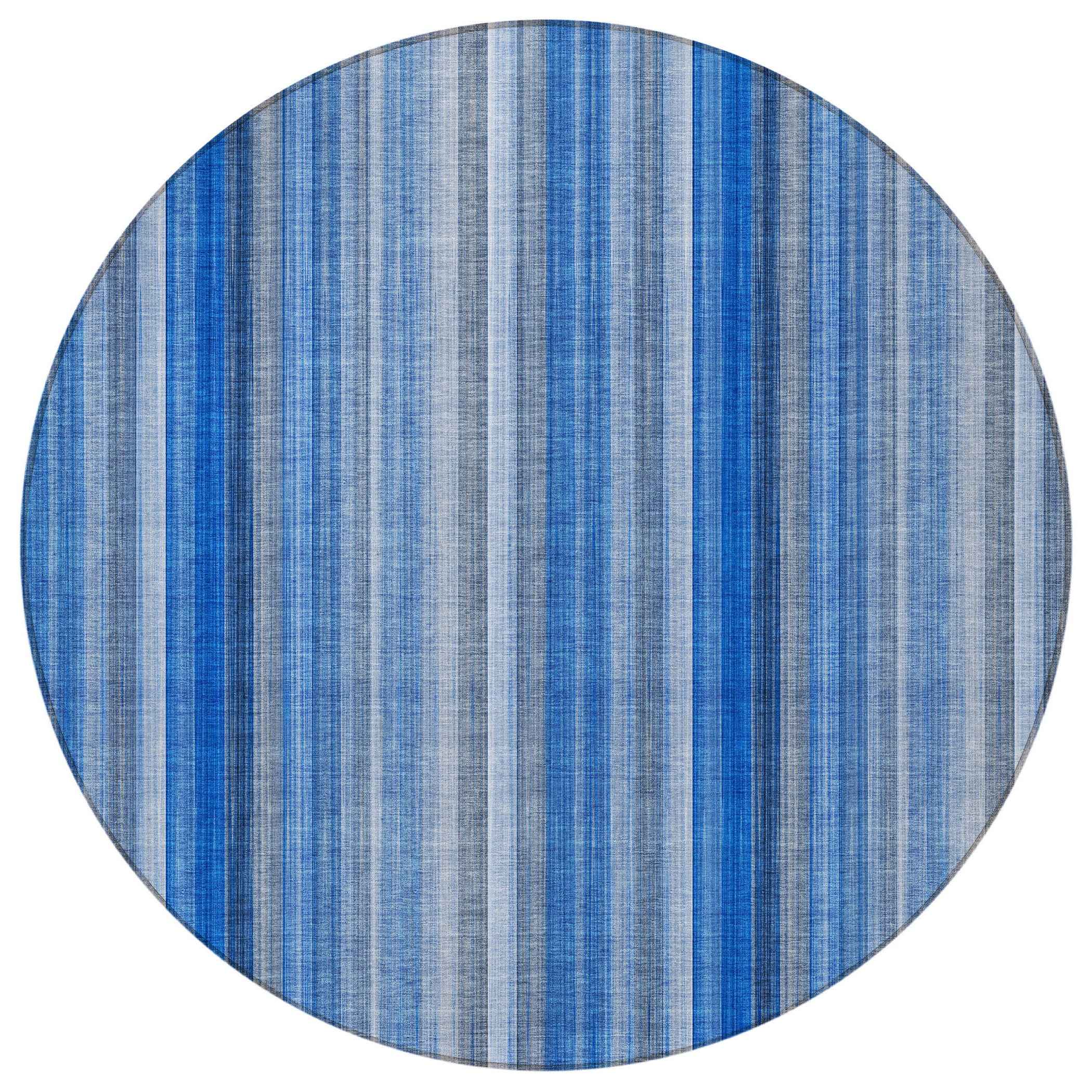 8' Round Blue Round Striped Washable Non Skid Indoor Outdoor Area Rug
