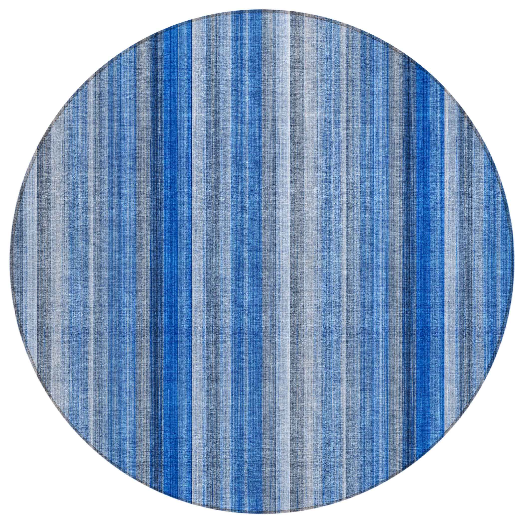 8' Round Blue Round Striped Washable Non Skid Indoor Outdoor Area Rug