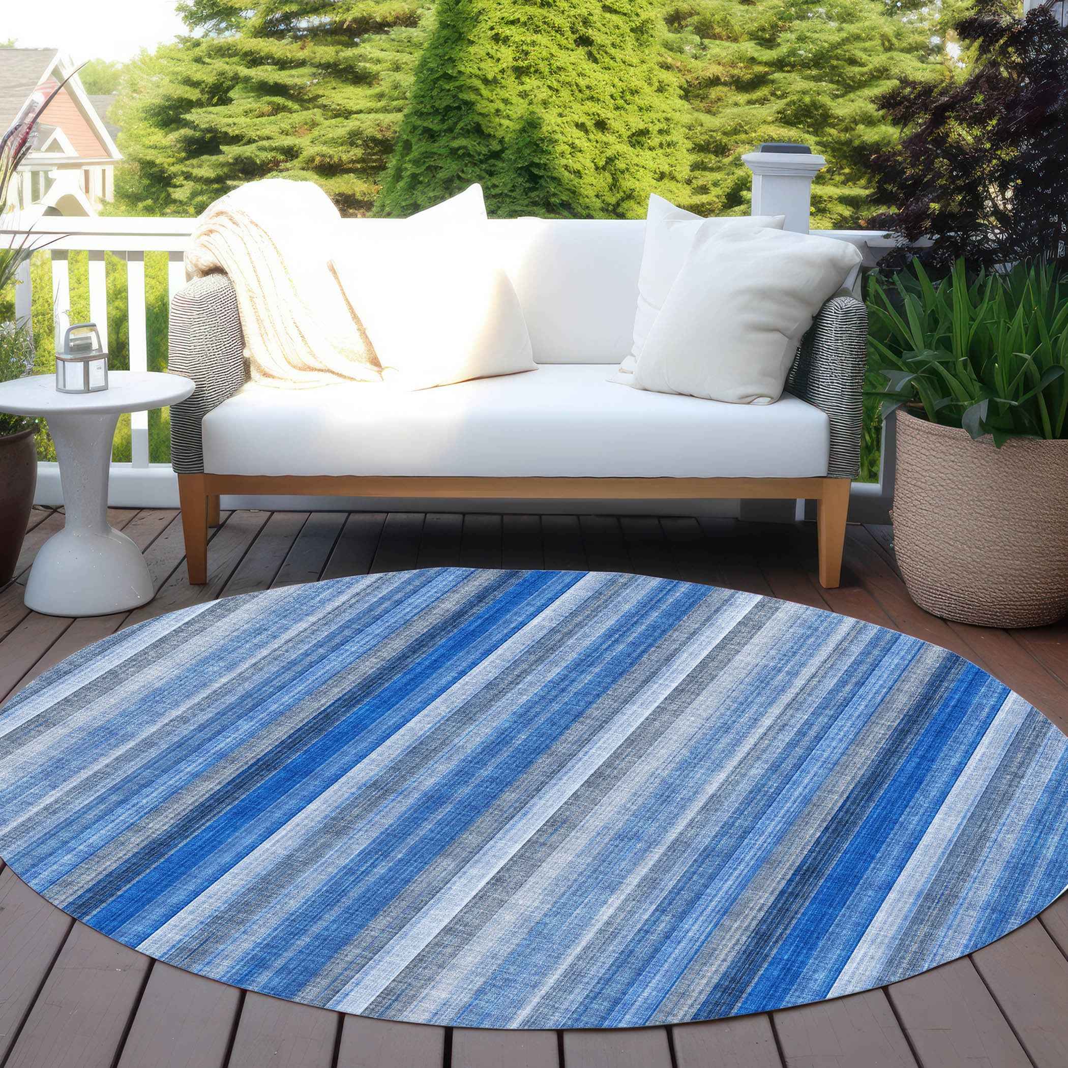 8' Round Blue Round Striped Washable Non Skid Indoor Outdoor Area Rug