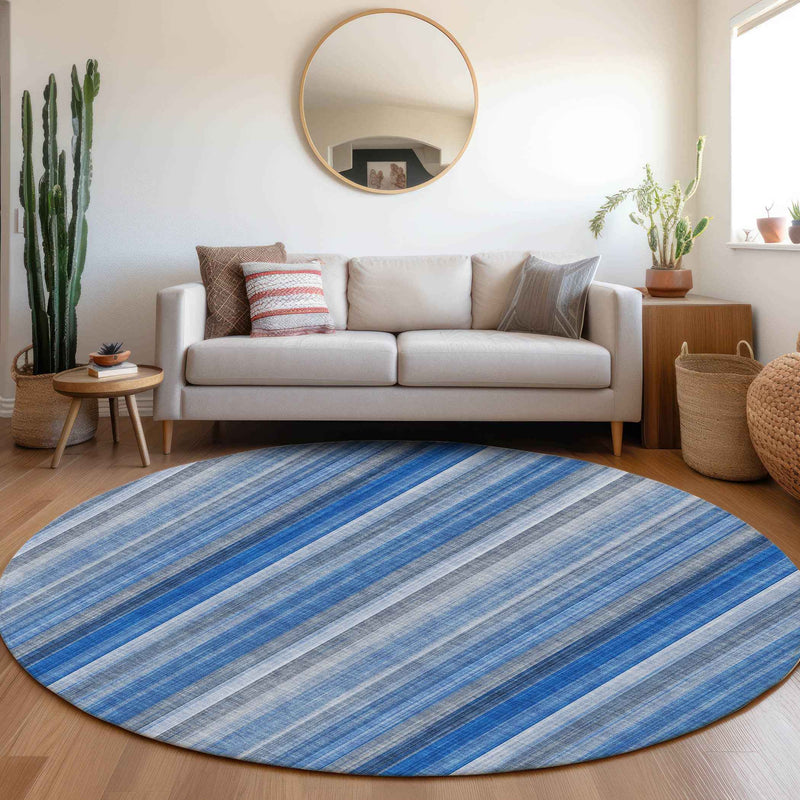 8' Round Blue Round Striped Washable Non Skid Indoor Outdoor Area Rug
