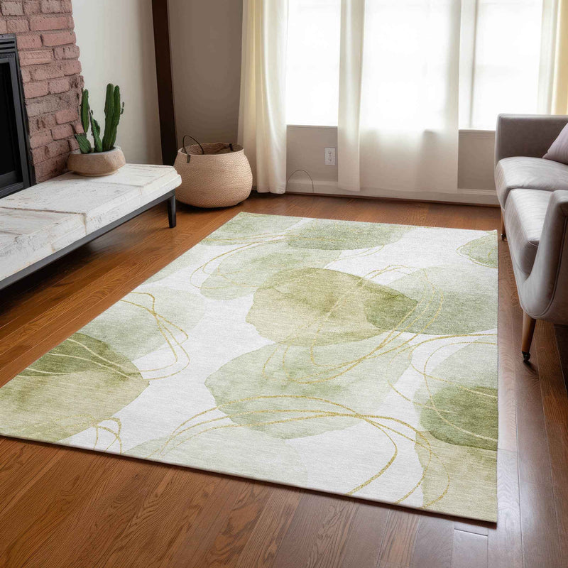 8' X 10' Green And Ivory Abstract Washable Indoor Outdoor Area Rug
