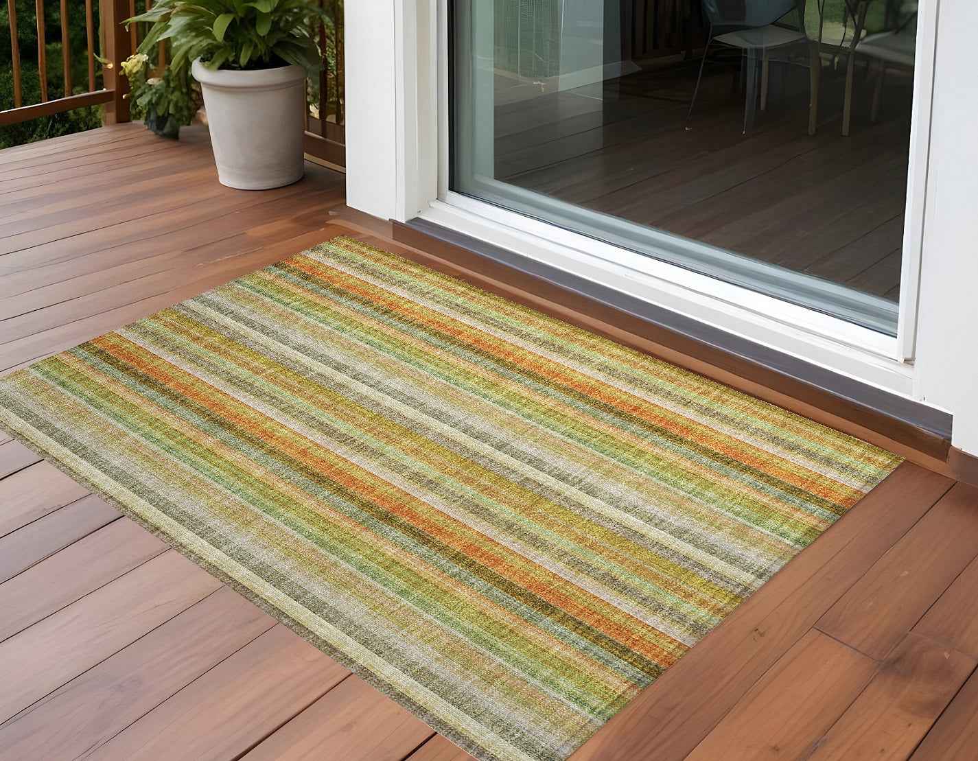 3' X 5' Tan Orange and Green Striped Washable Non Skid Indoor Outdoor Area Rug