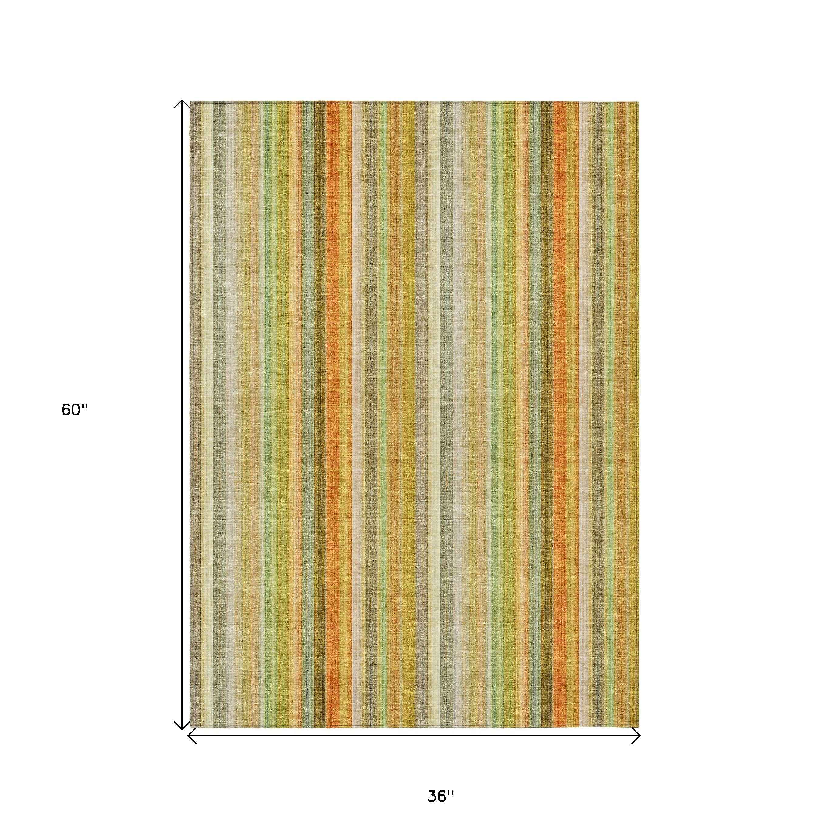 3' X 5' Tan Orange and Green Striped Washable Non Skid Indoor Outdoor Area Rug