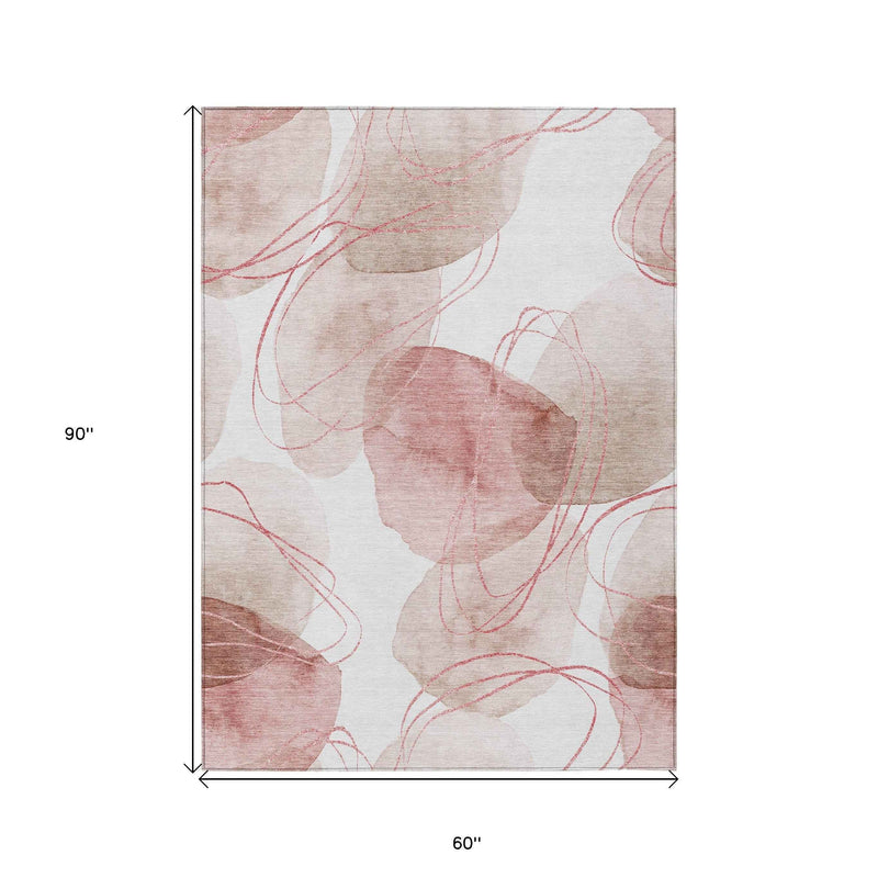 5' X 8' Merlot and Ivory Abstract Washable Non Skid Indoor Outdoor Area Rug