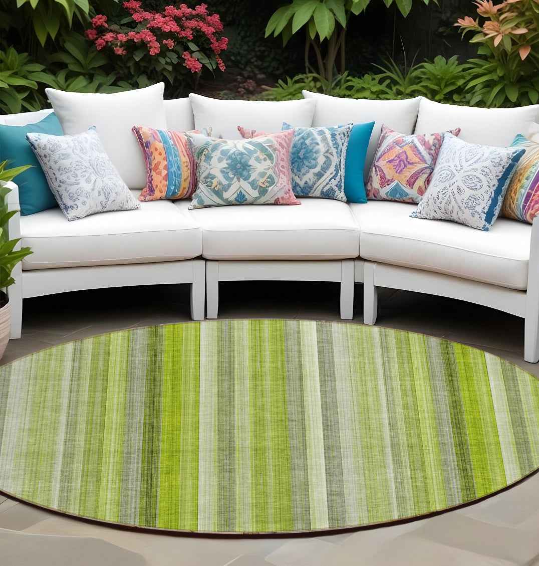 8' Round Green Round Striped Washable Non Skid Indoor Outdoor Area Rug