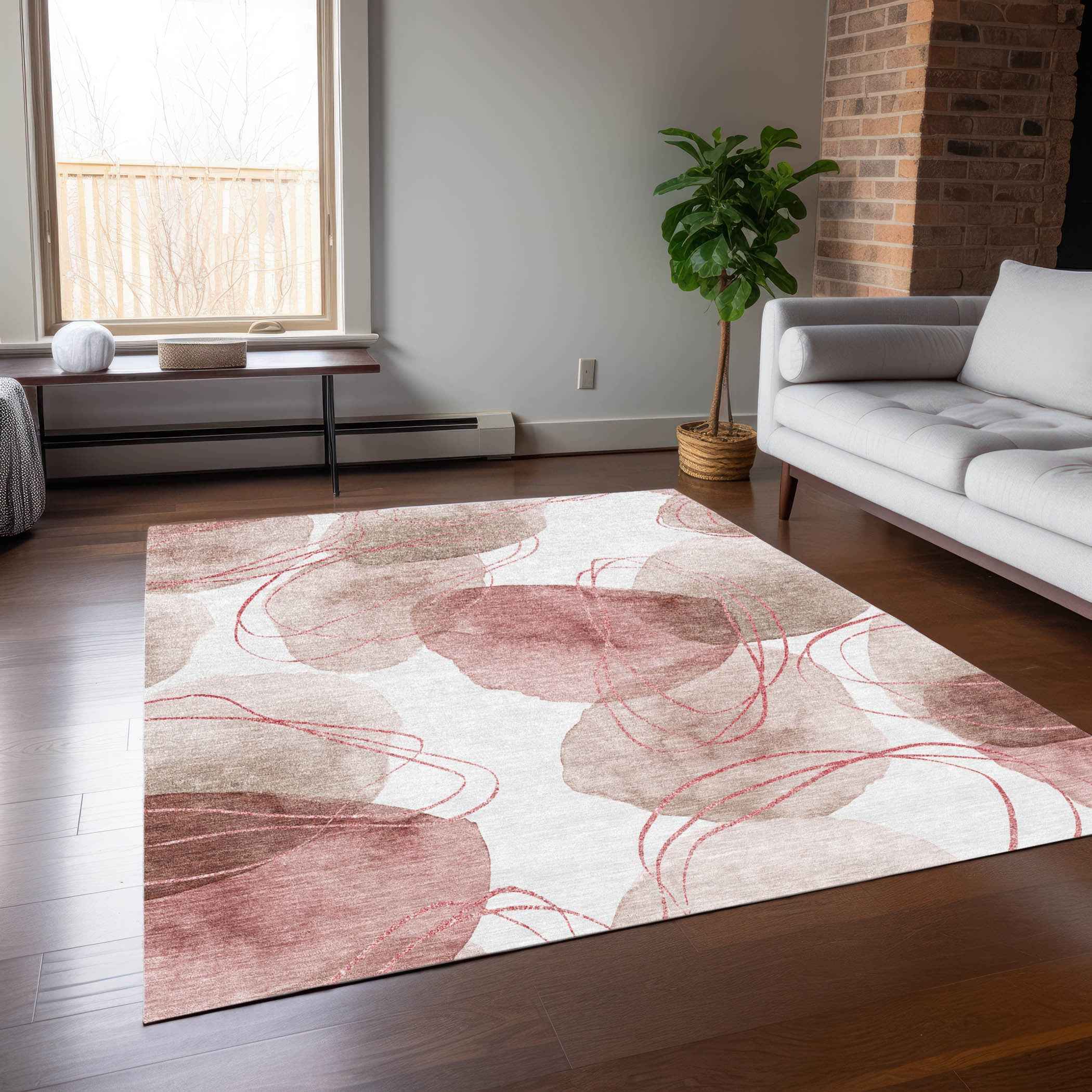 5' X 8' Merlot and Ivory Abstract Washable Non Skid Indoor Outdoor Area Rug