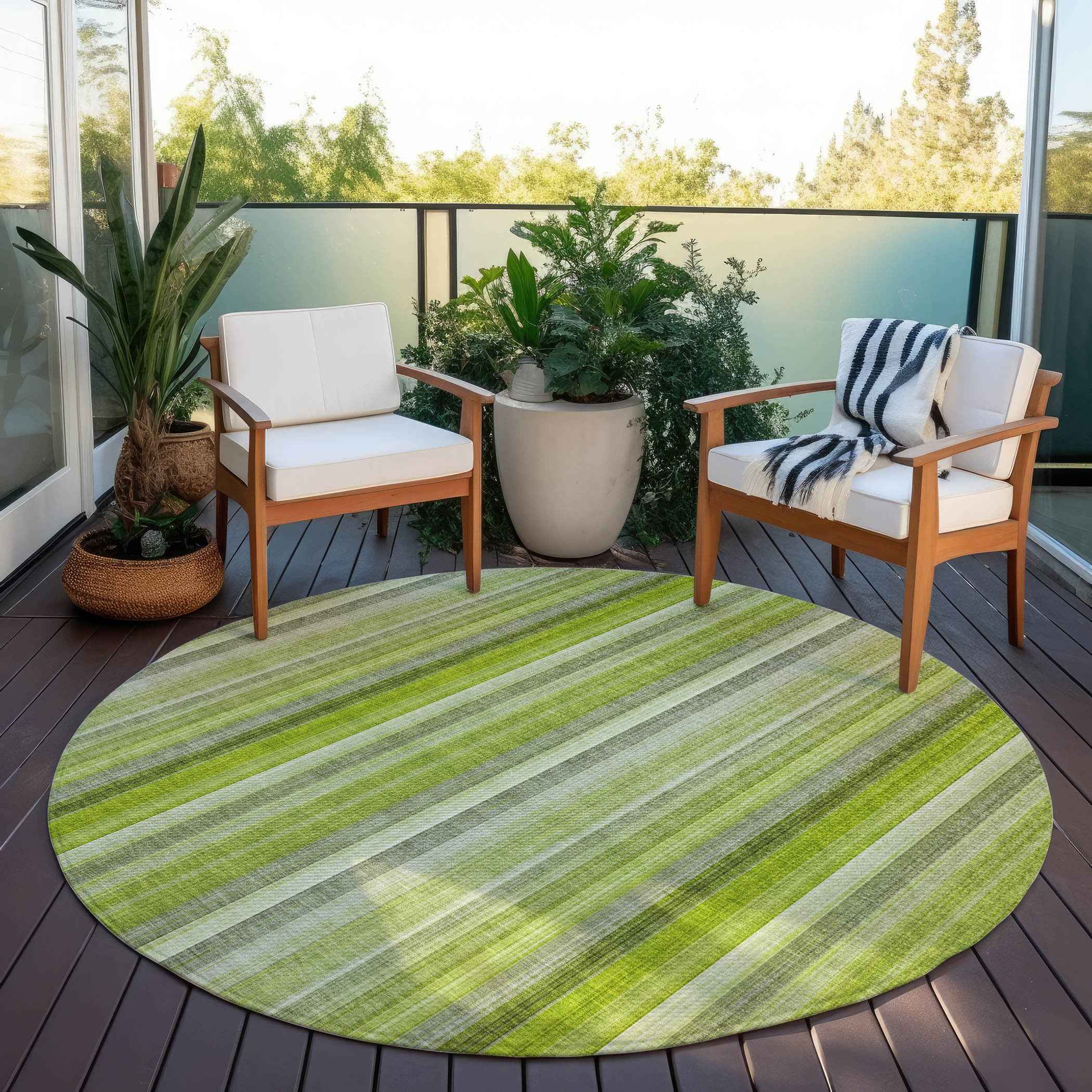 8' Round Green Round Striped Washable Non Skid Indoor Outdoor Area Rug