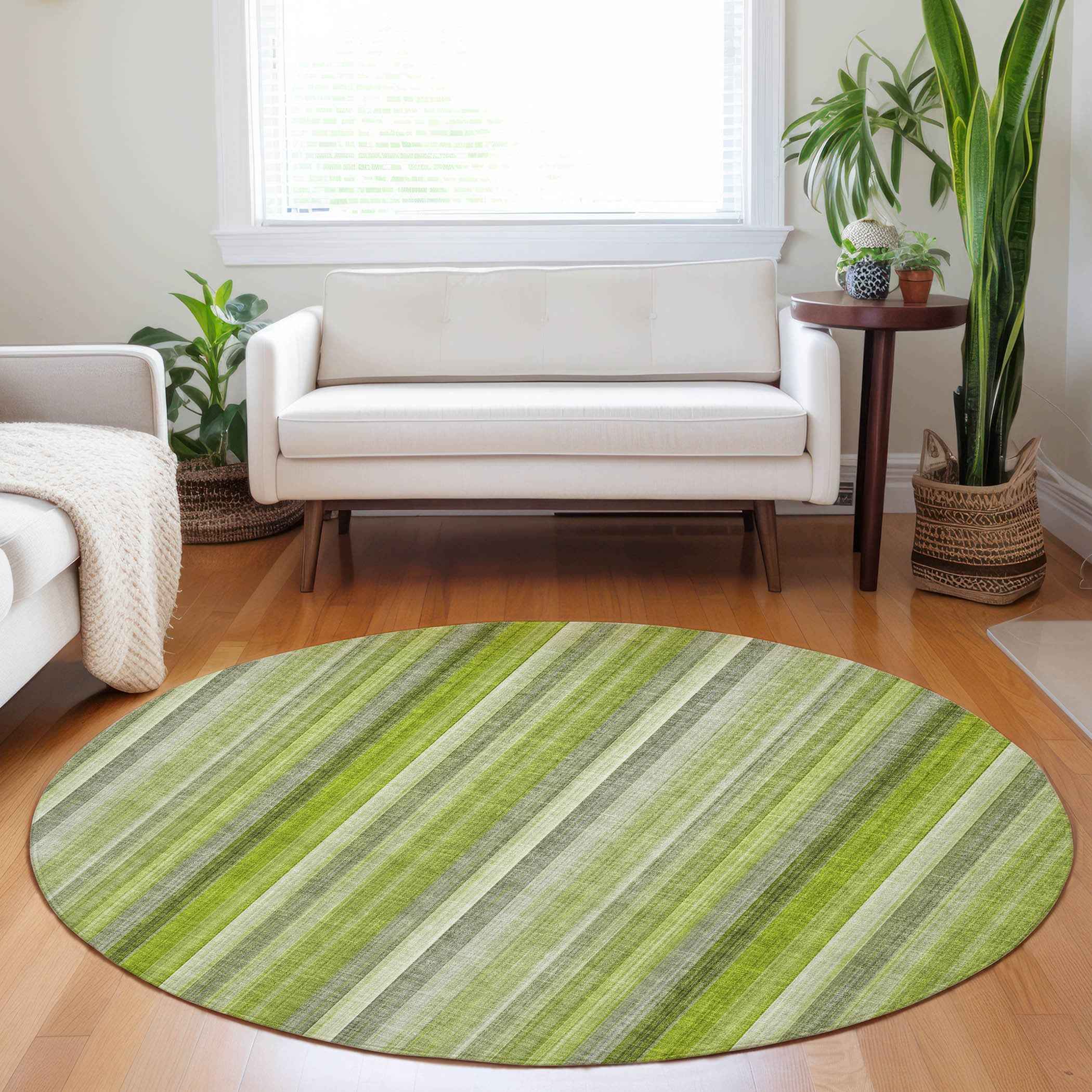 8' Round Green Round Striped Washable Non Skid Indoor Outdoor Area Rug