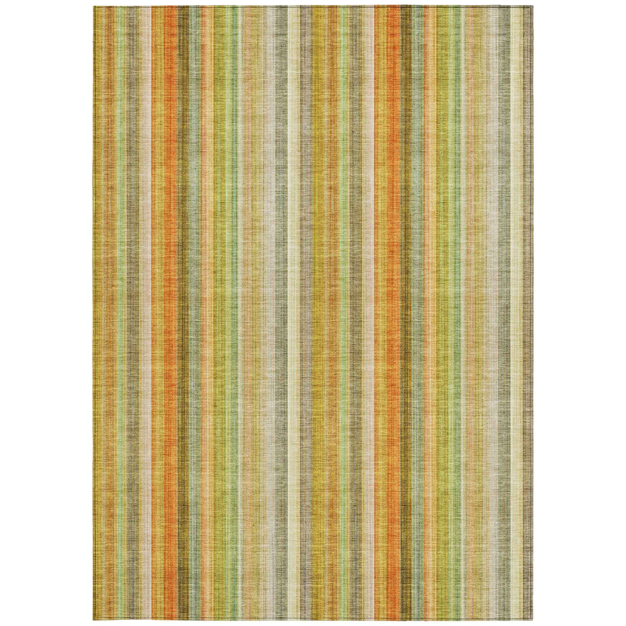 10' X 14' Tan Orange and Green Striped Washable Non Skid Indoor Outdoor Area Rug