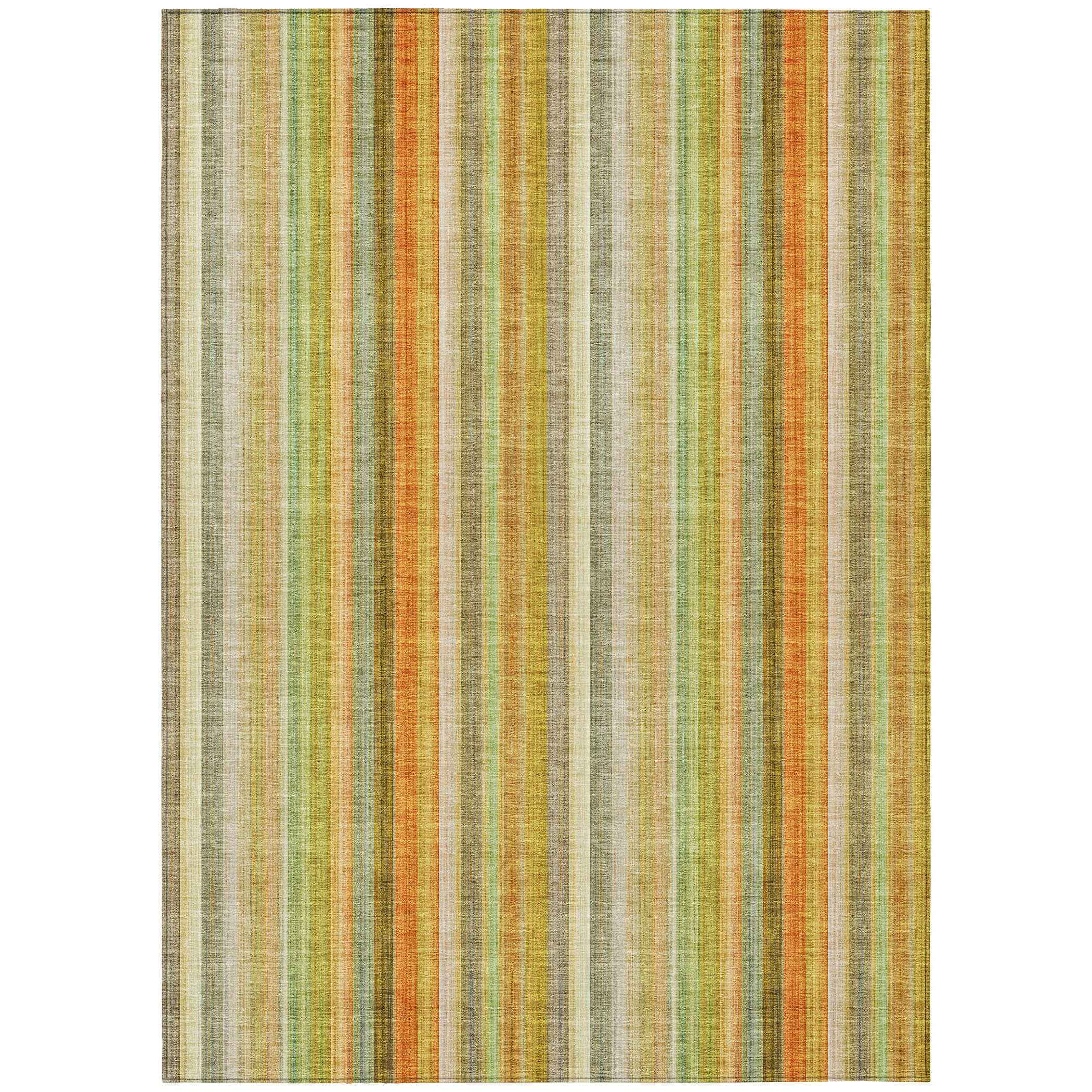 10' X 14' Tan Orange and Green Striped Washable Non Skid Indoor Outdoor Area Rug