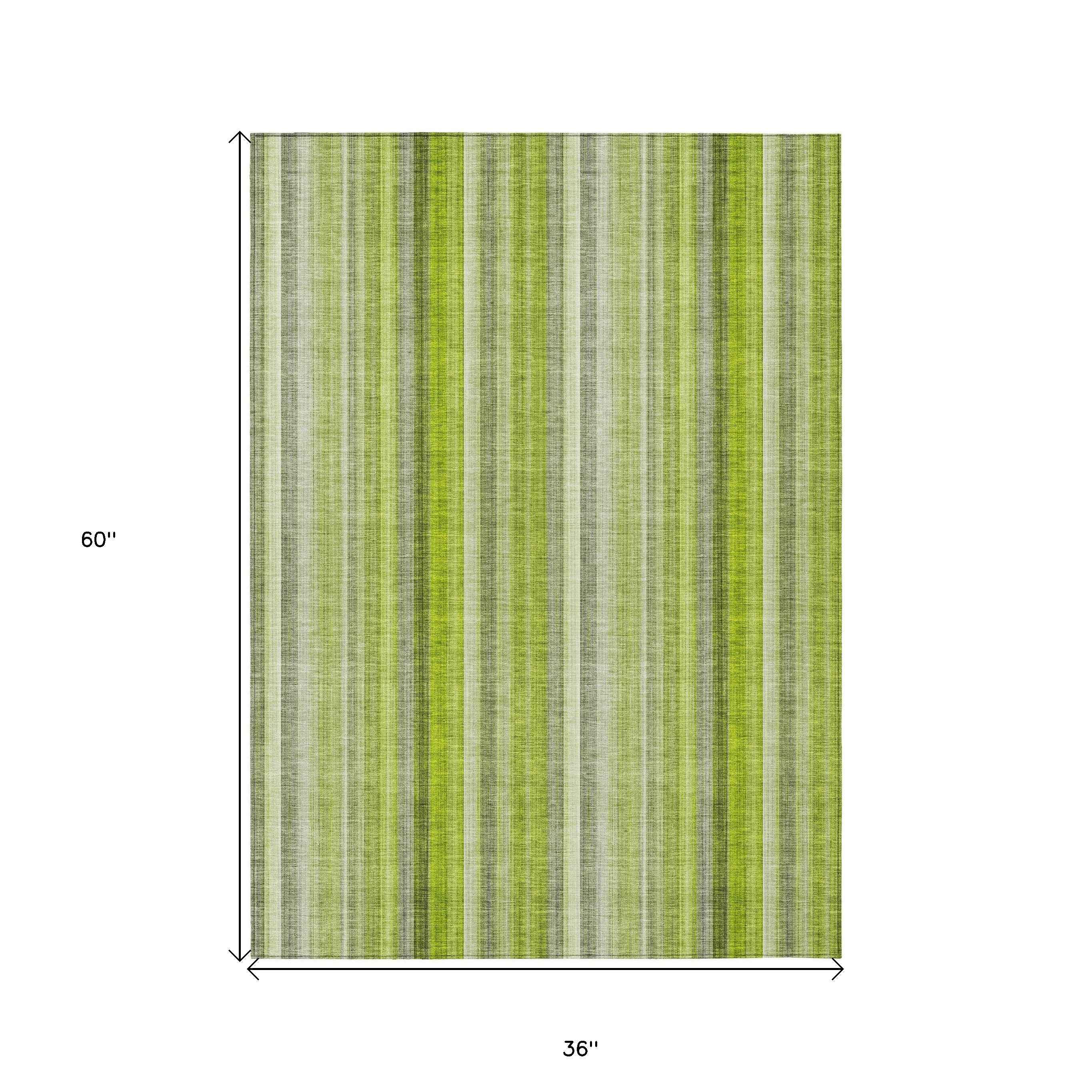 3' X 5' Green Striped Washable Non Skid Indoor Outdoor Area Rug