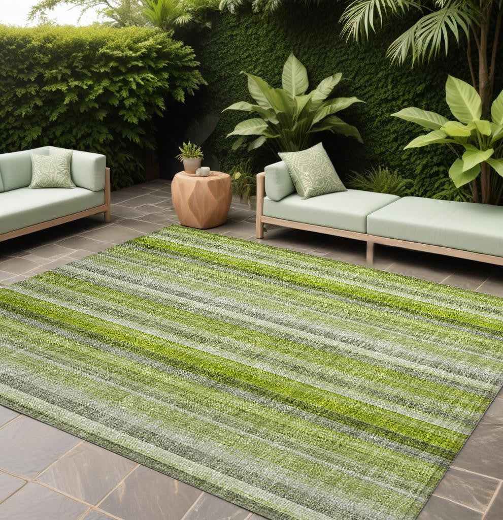 9' X 12' Green Striped Washable Non Skid Indoor Outdoor Area Rug