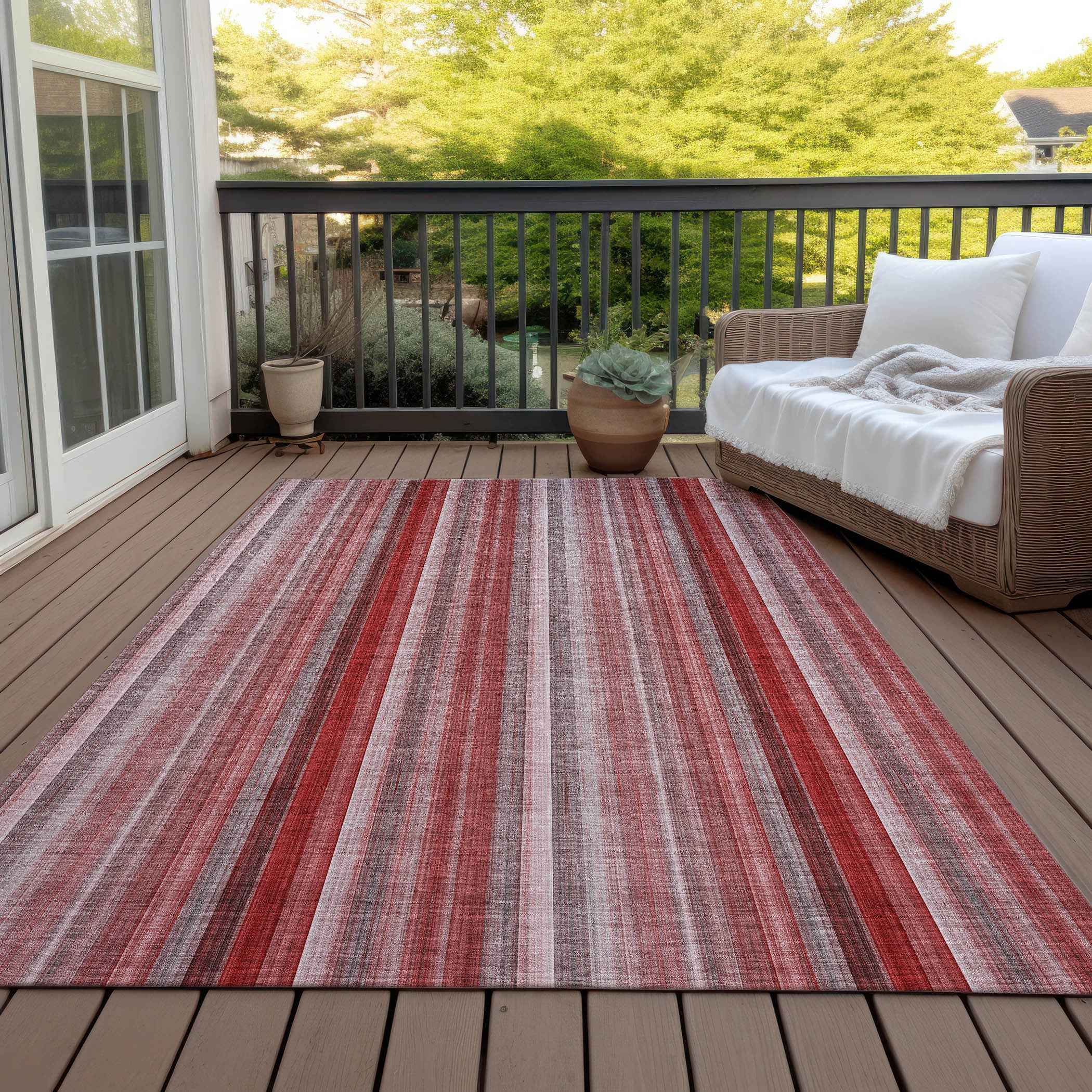 10' X 14' Gray Pink and Red Striped Washable Non Skid Indoor Outdoor Area Rug