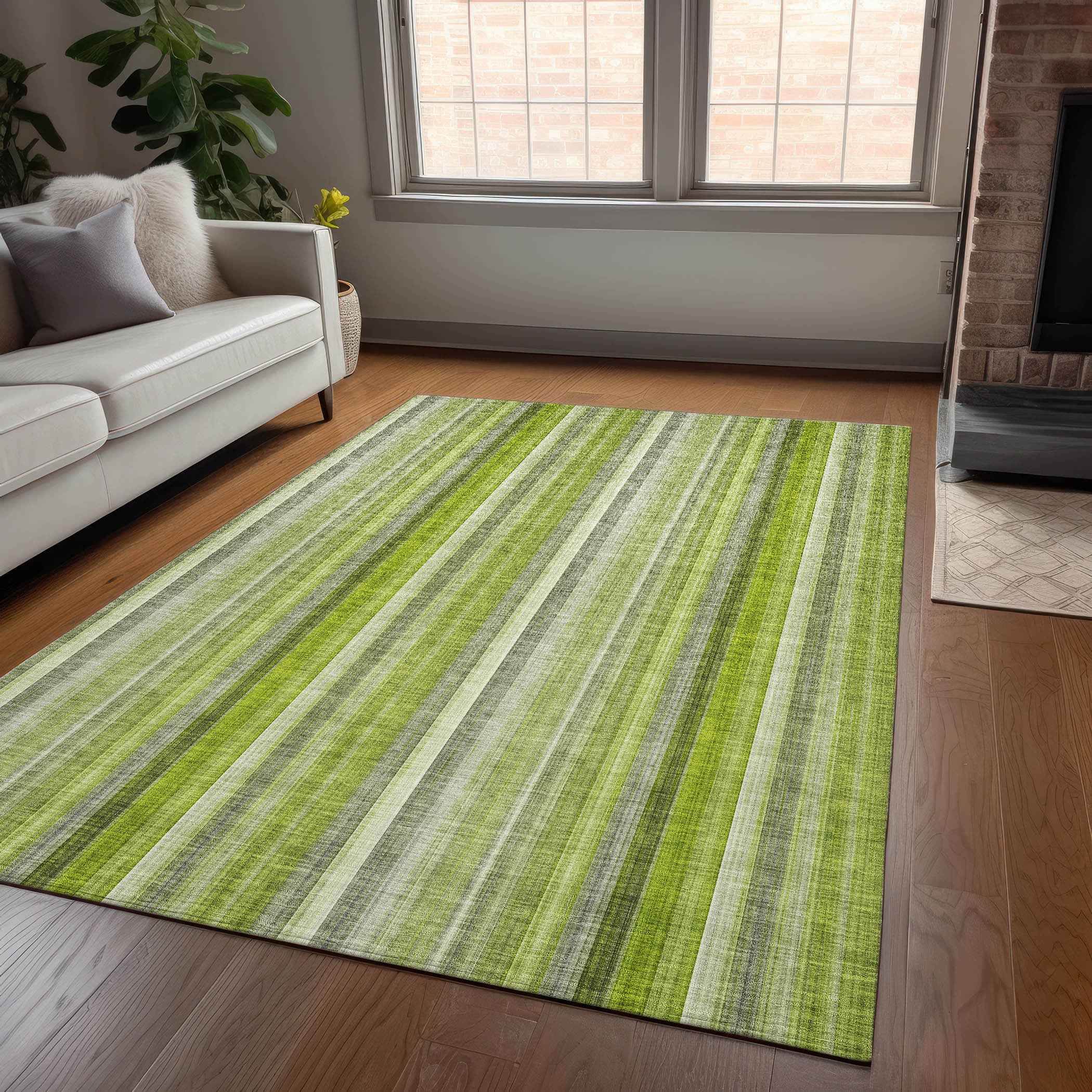 9' X 12' Green Striped Washable Non Skid Indoor Outdoor Area Rug