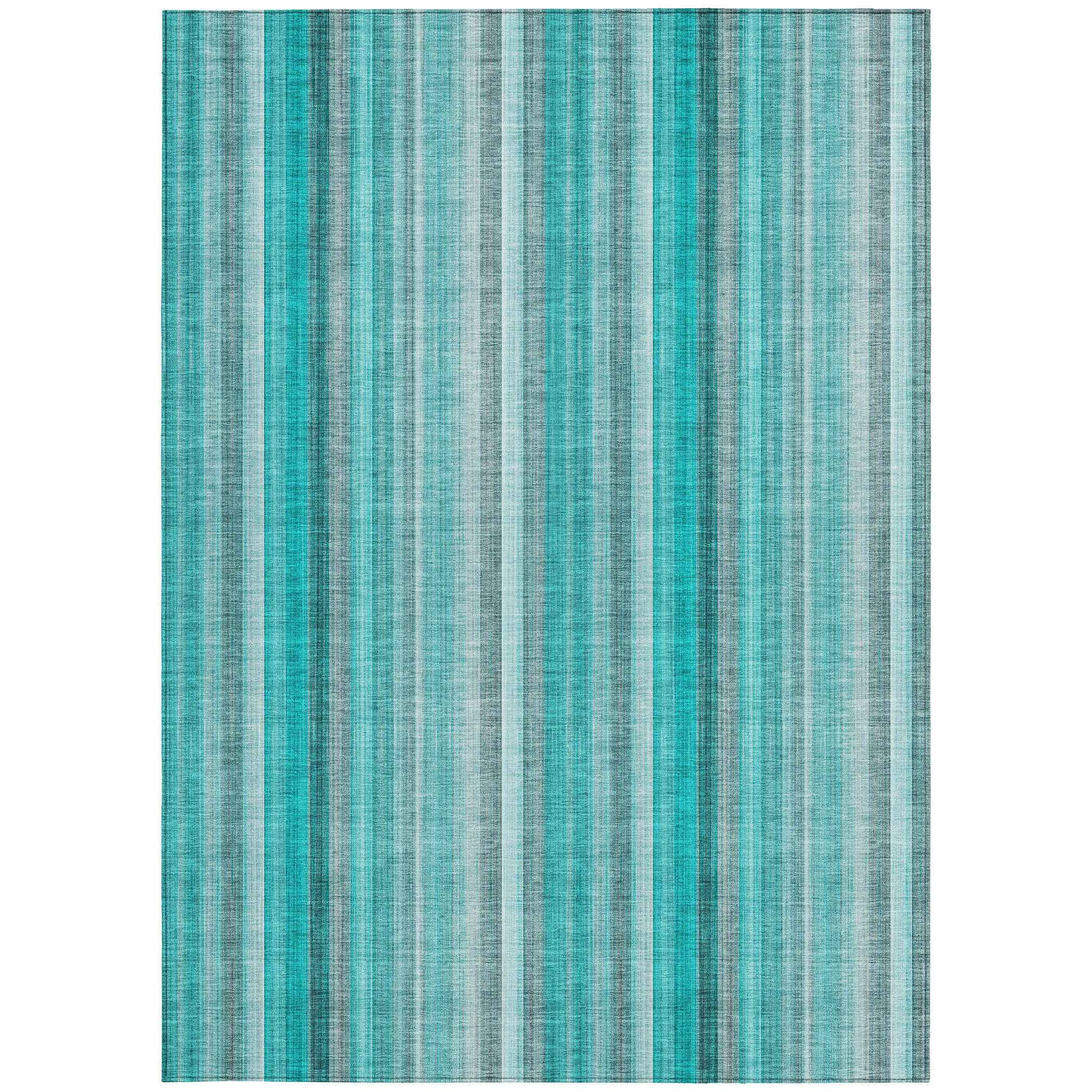 3' X 5' Teal and Gray Striped Washable Non Skid Indoor Outdoor Area Rug