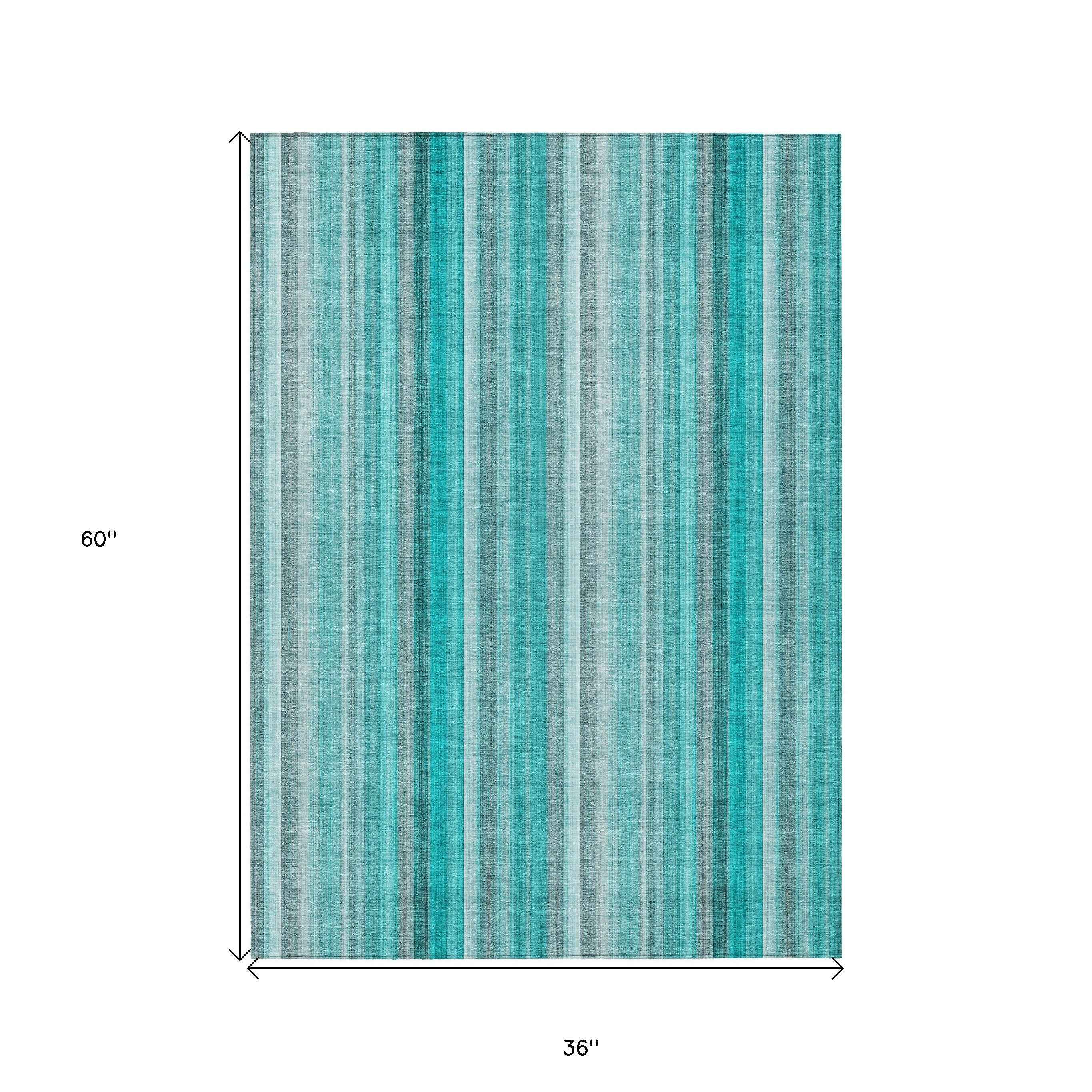 3' X 5' Teal and Gray Striped Washable Non Skid Indoor Outdoor Area Rug