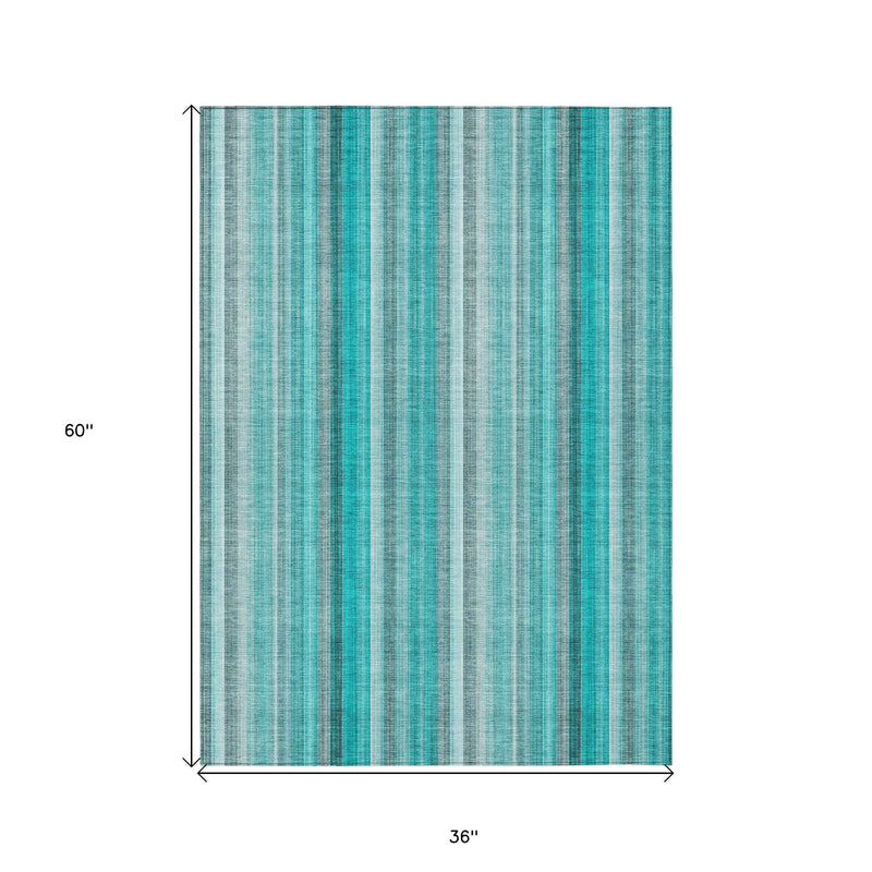 3' X 5' Teal and Gray Striped Washable Non Skid Indoor Outdoor Area Rug