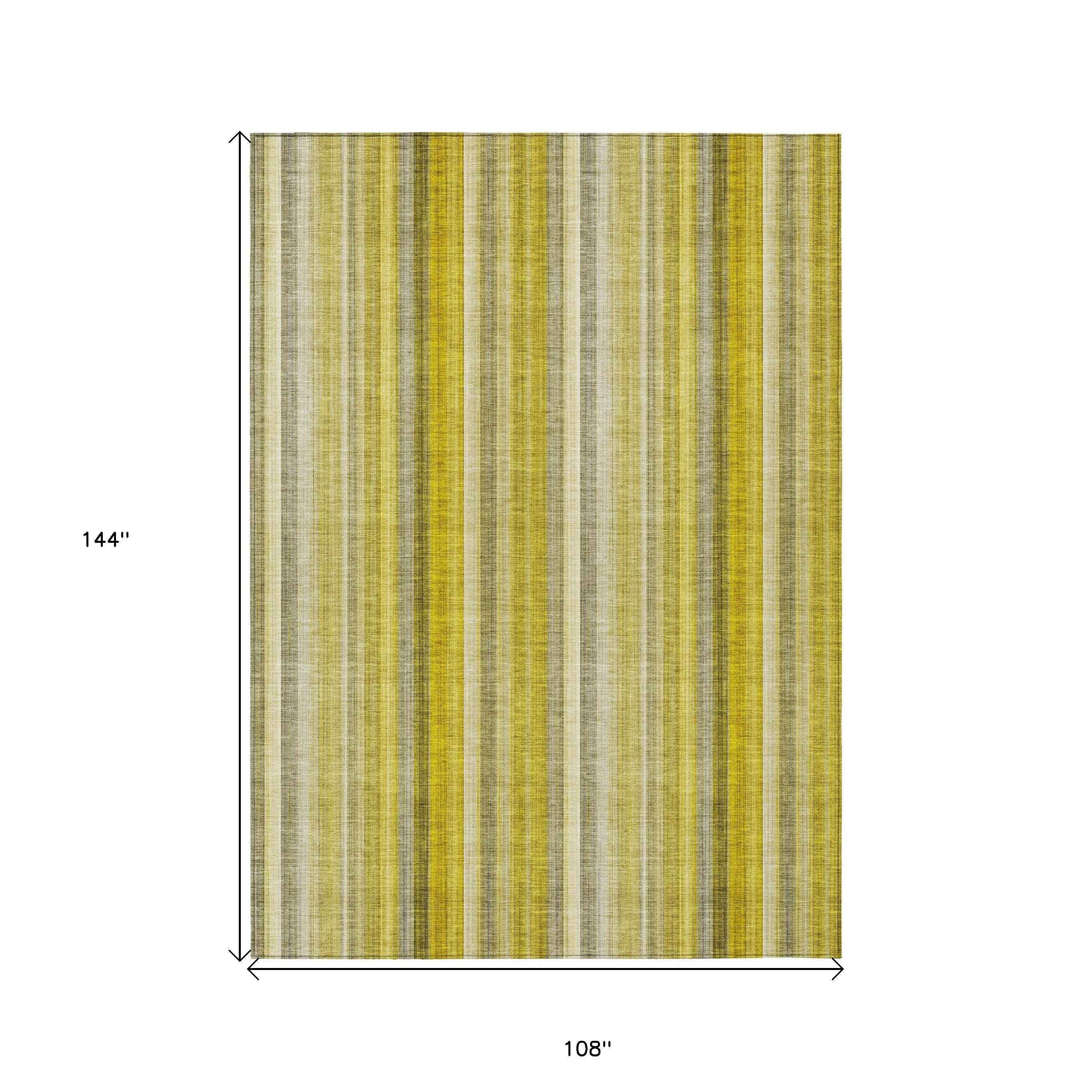 9' X 12' Gold Striped Washable Non Skid Indoor Outdoor Area Rug