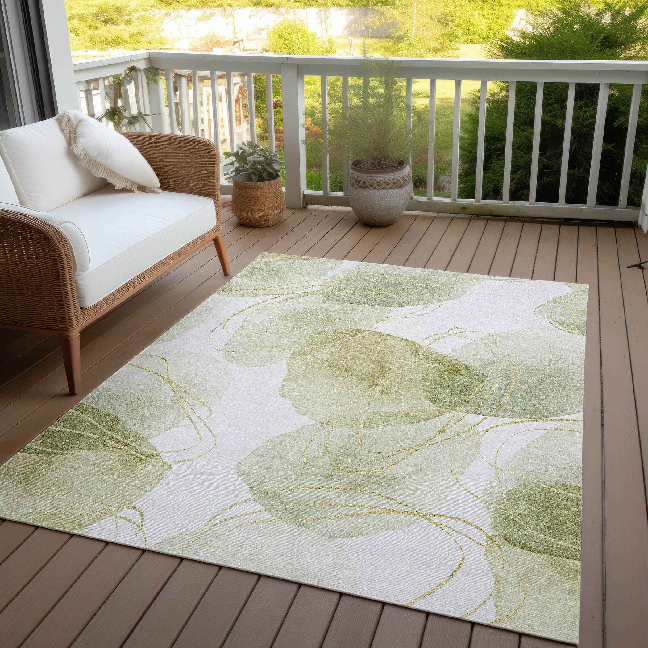 9' X 12' Green And Ivory Abstract Washable Indoor Outdoor Area Rug